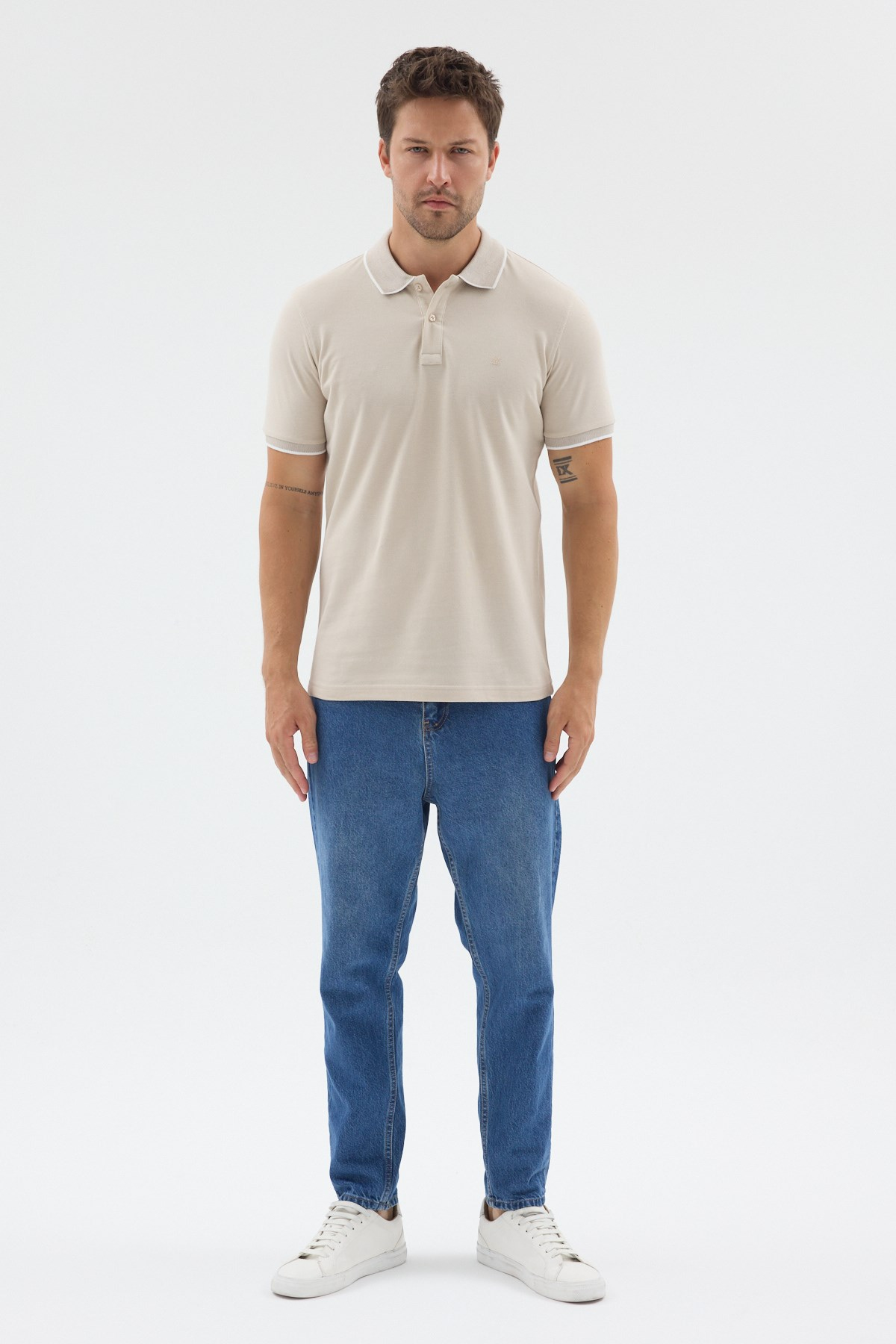 Bej Polo Yaka Pike Kısa Kol Slim Fit %100 Pamuk Tişört 1011260171