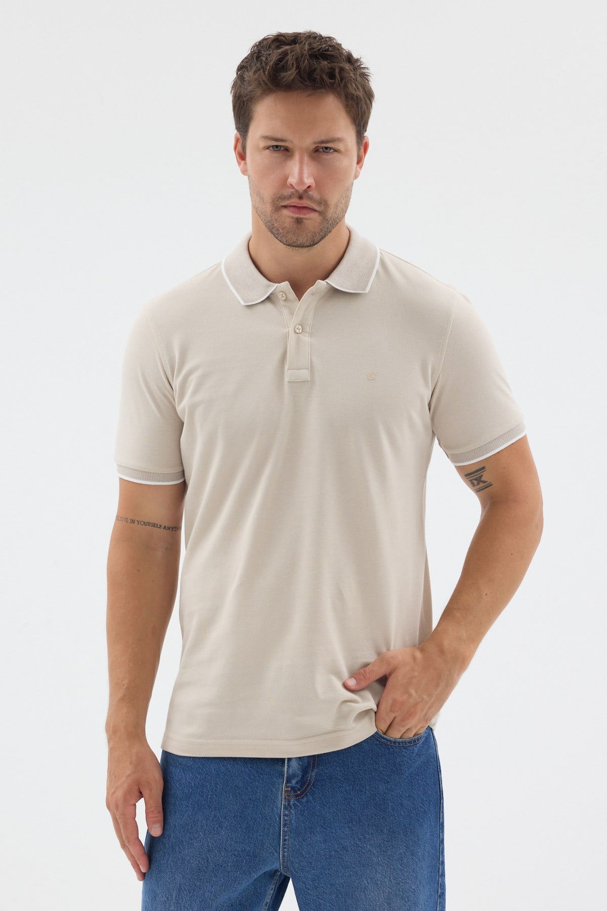 Bej Polo Yaka Pike Kısa Kol Slim Fit %100 Pamuk Tişört 1011260171