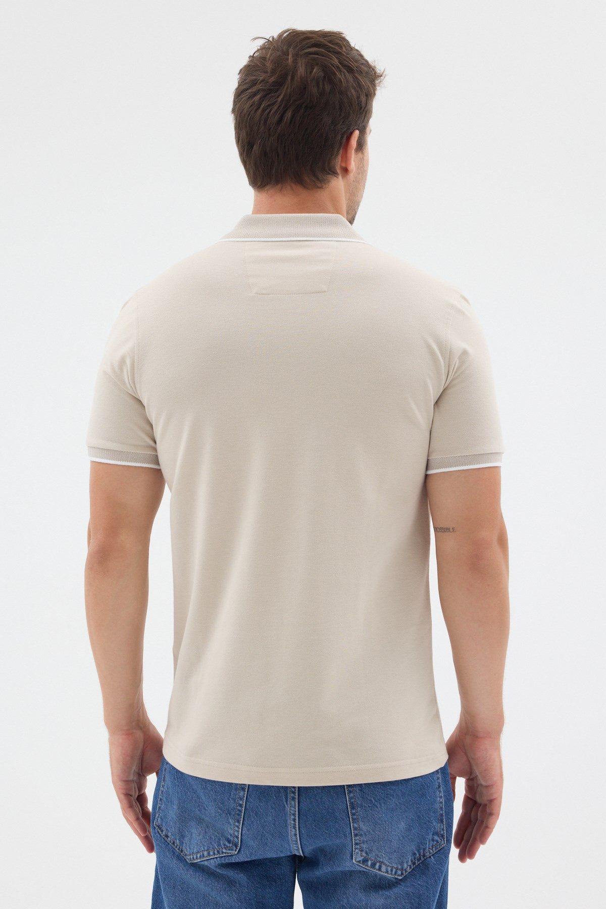 Bej Polo Yaka Pike Kısa Kol Slim Fit %100 Pamuk Tişört 1011260171