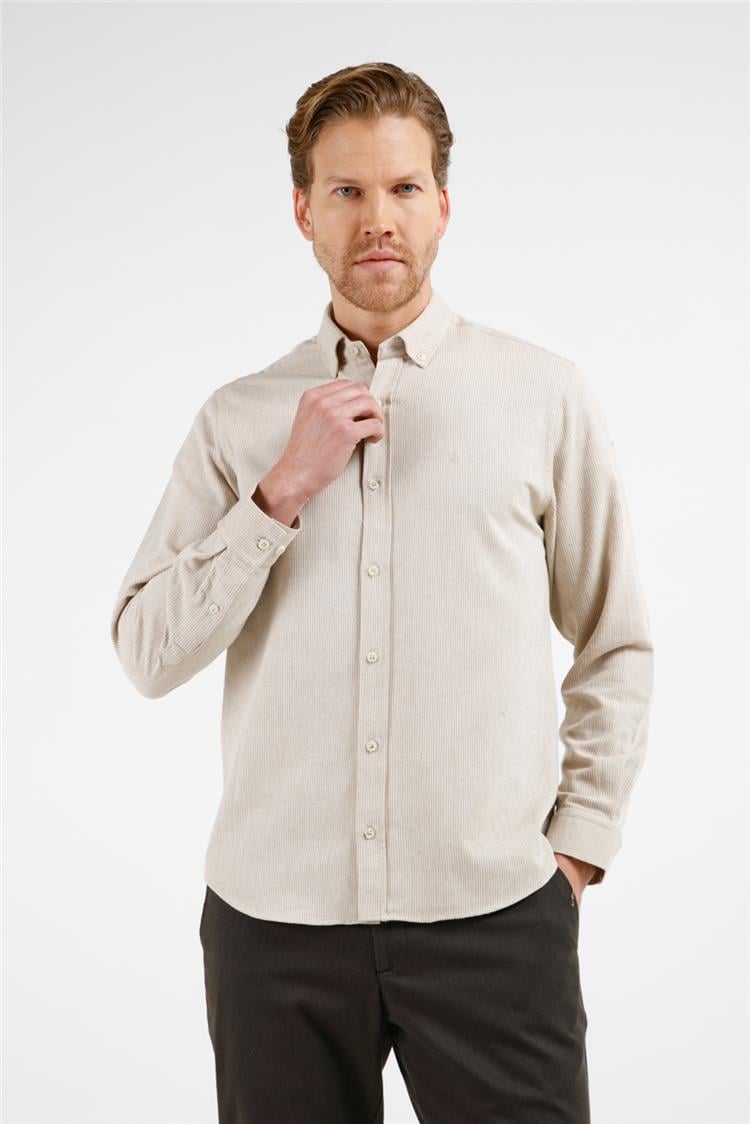 Bej-Taba Düğmeli Yaka Uzun Kol Cepsiz Slim Fit Pamuklu Gömlek 1004255233
