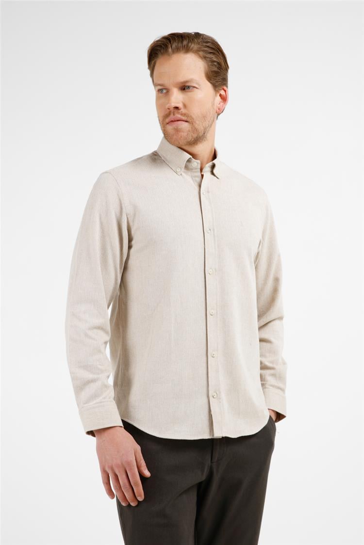 Bej-Taba Düğmeli Yaka Uzun Kol Cepsiz Slim Fit Pamuklu Gömlek 1004255233