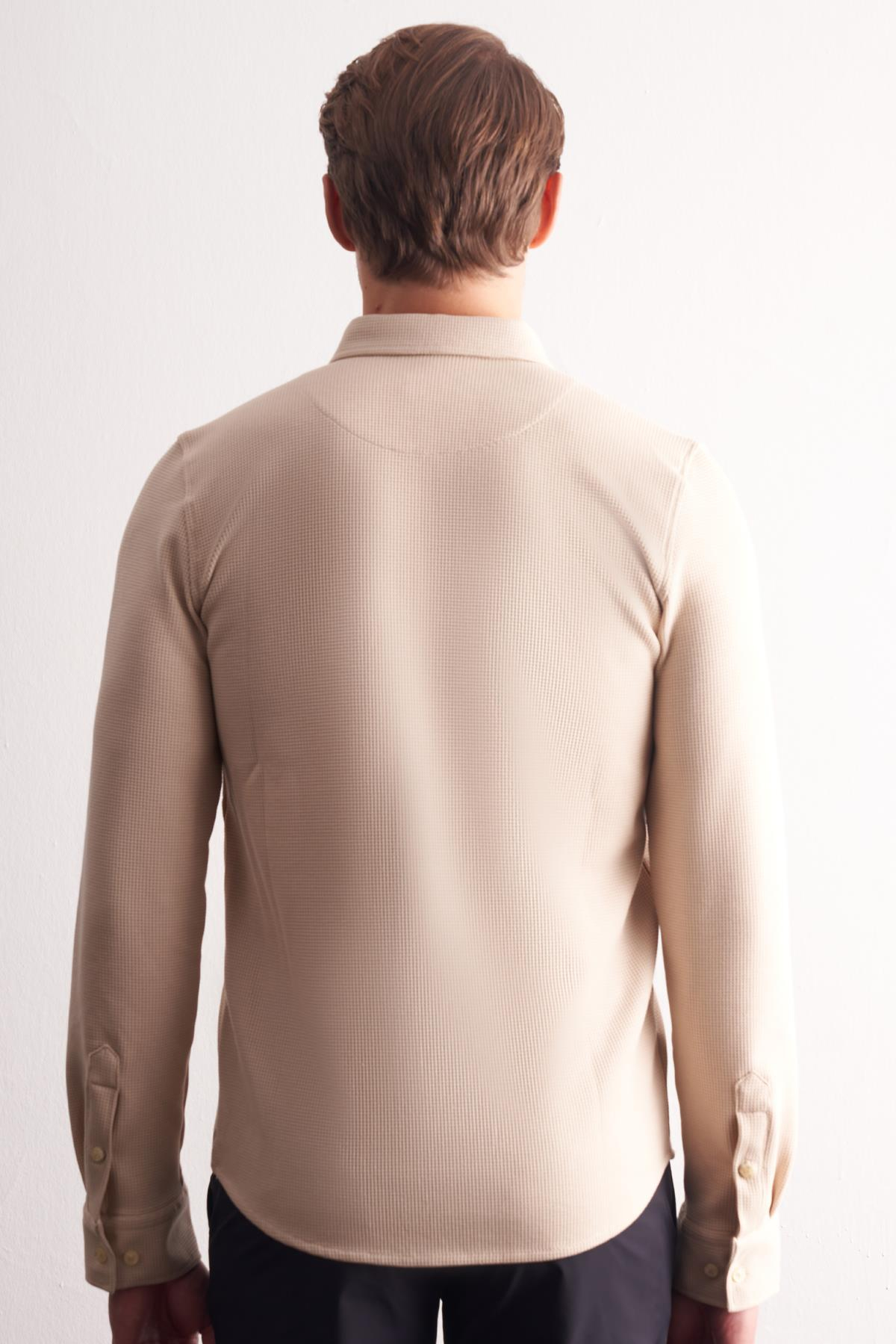 Bej Uzun Kol Düğmeli Yaka Kendinden Desenli Pamuklu Slim Fit Gömlek 1004255267