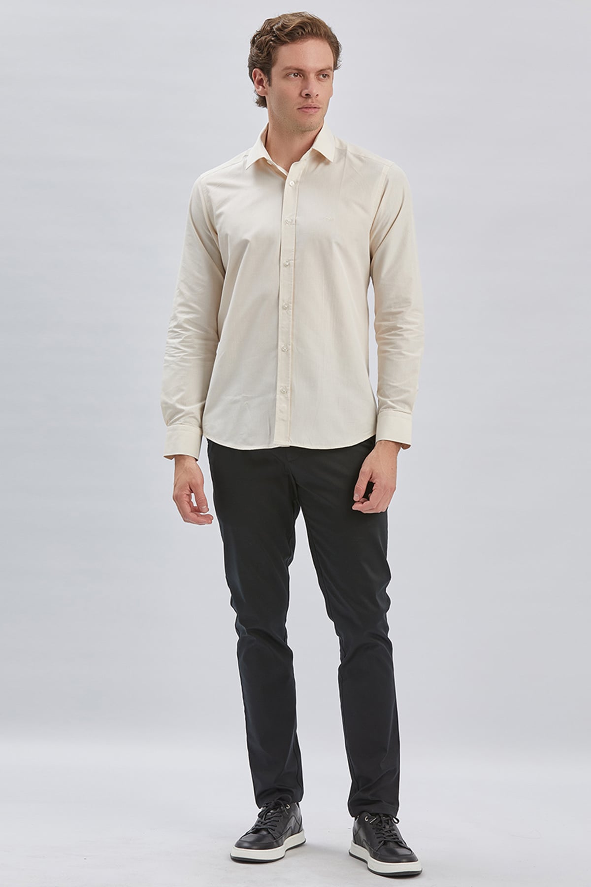 Bej Uzun Kollu Cepsiz Pamuklu Klasik Slim Fit Gömlek 1004240230