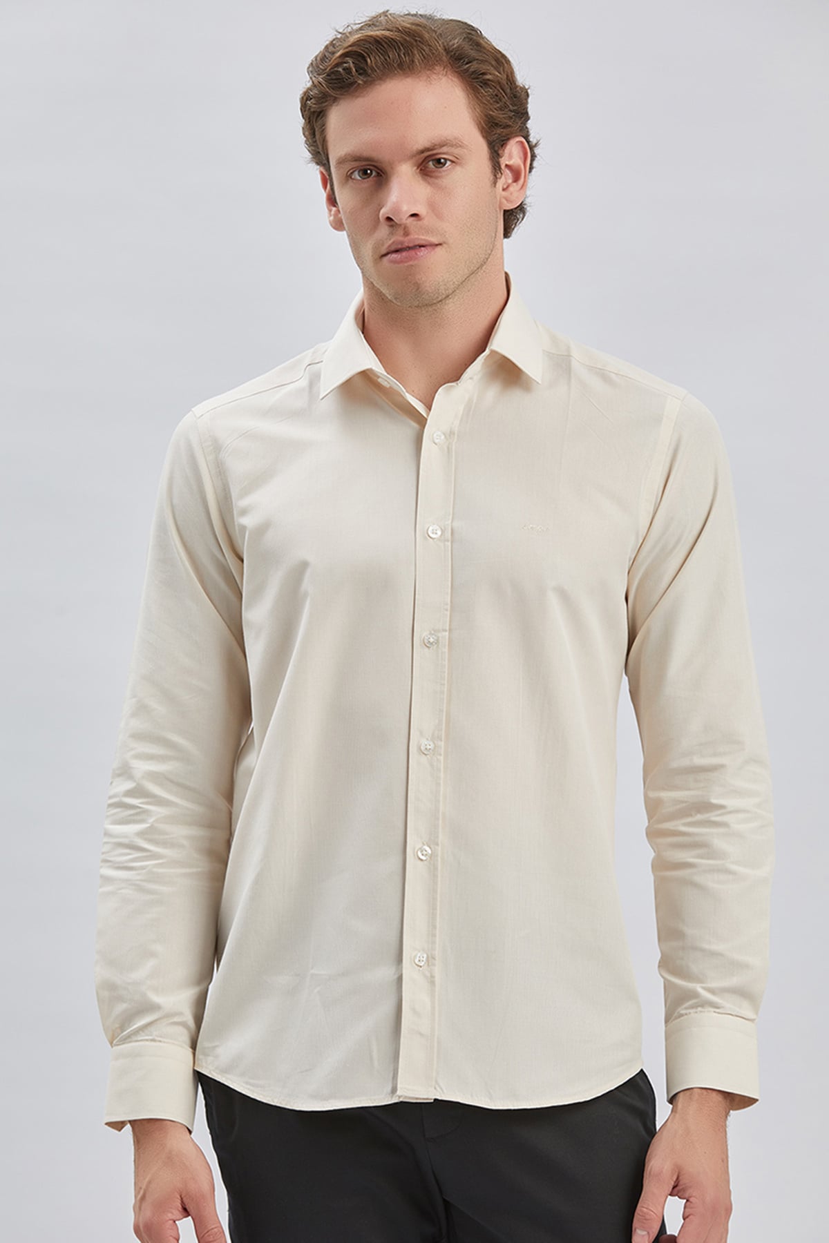 Bej Uzun Kollu Cepsiz Pamuklu Klasik Slim Fit Gömlek 1004240230