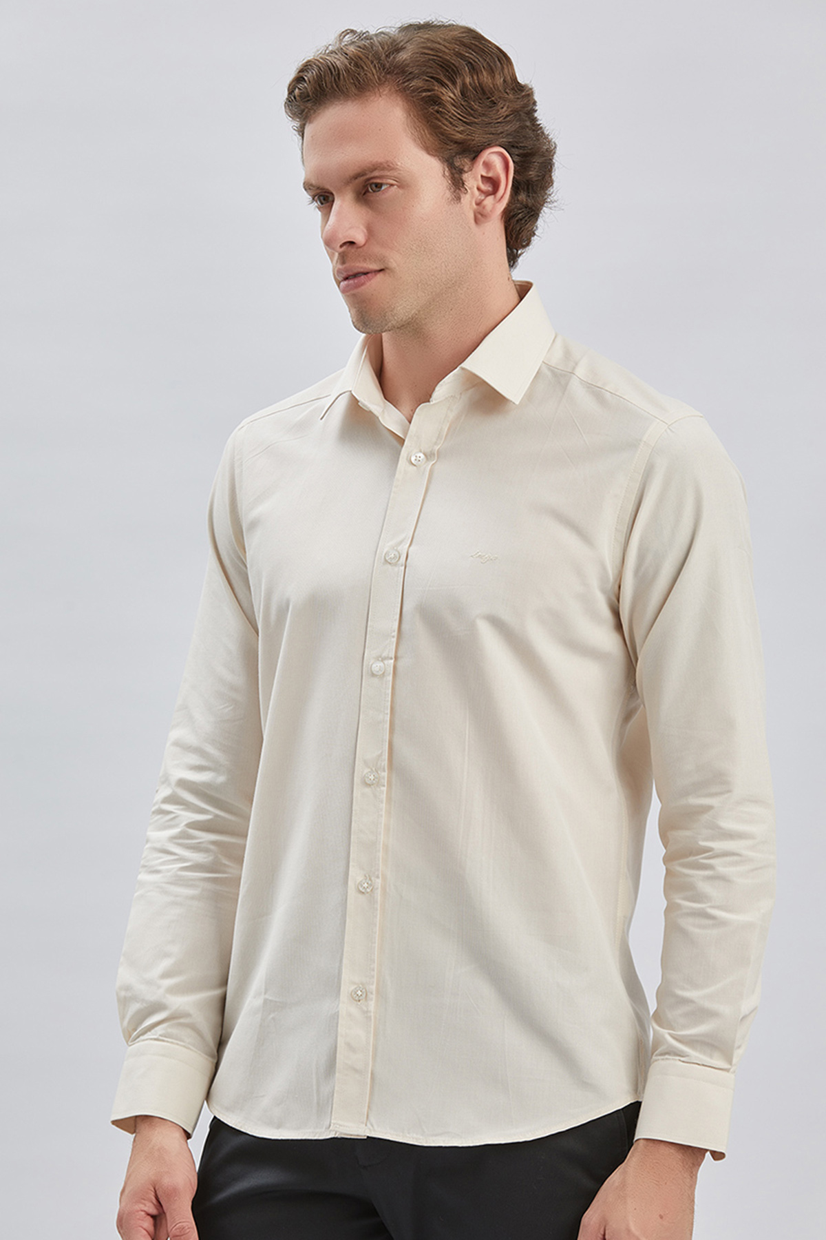 Bej Uzun Kollu Cepsiz Pamuklu Klasik Slim Fit Gömlek 1004240230
