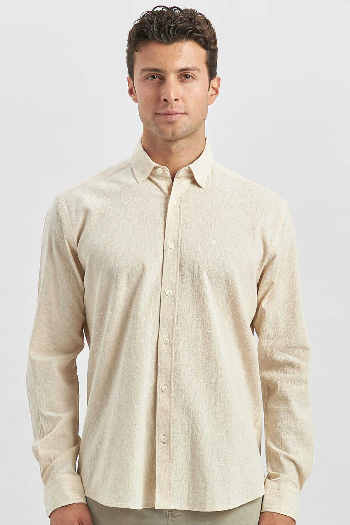 Bej Uzun Kollu Gofreli Biyeli %100 Pamuk Casual Slim Fit Dar Kesim Gömlek 1004240247