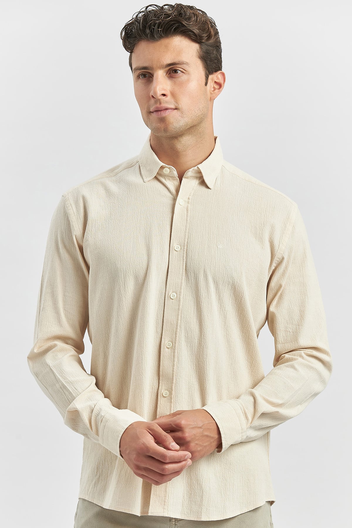 Bej Uzun Kollu Gofreli Biyeli %100 Pamuk Casual Slim Fit Dar Kesim Gömlek 1004240247