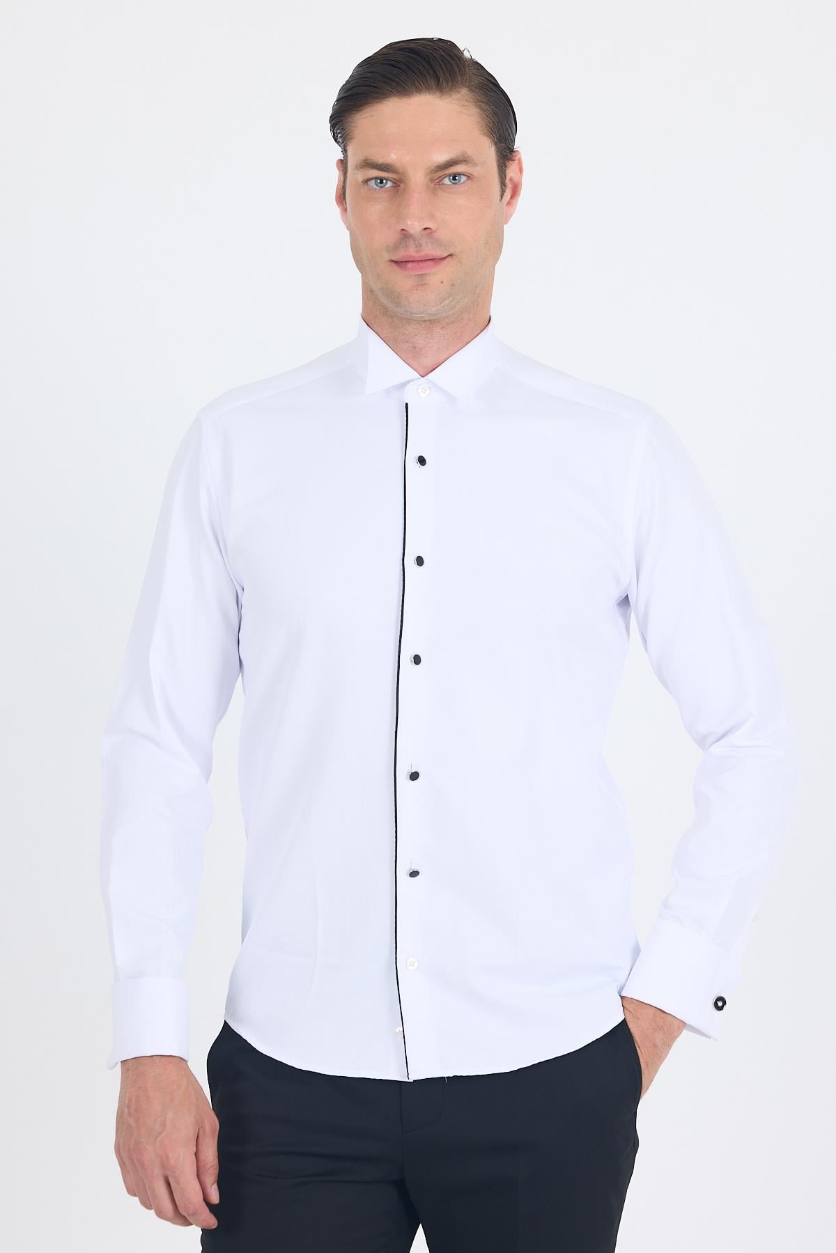 Beyaz Ata Yaka Kendinden Desenli Ceremony Pamuklu Slim Fit Gömlek 1004250215