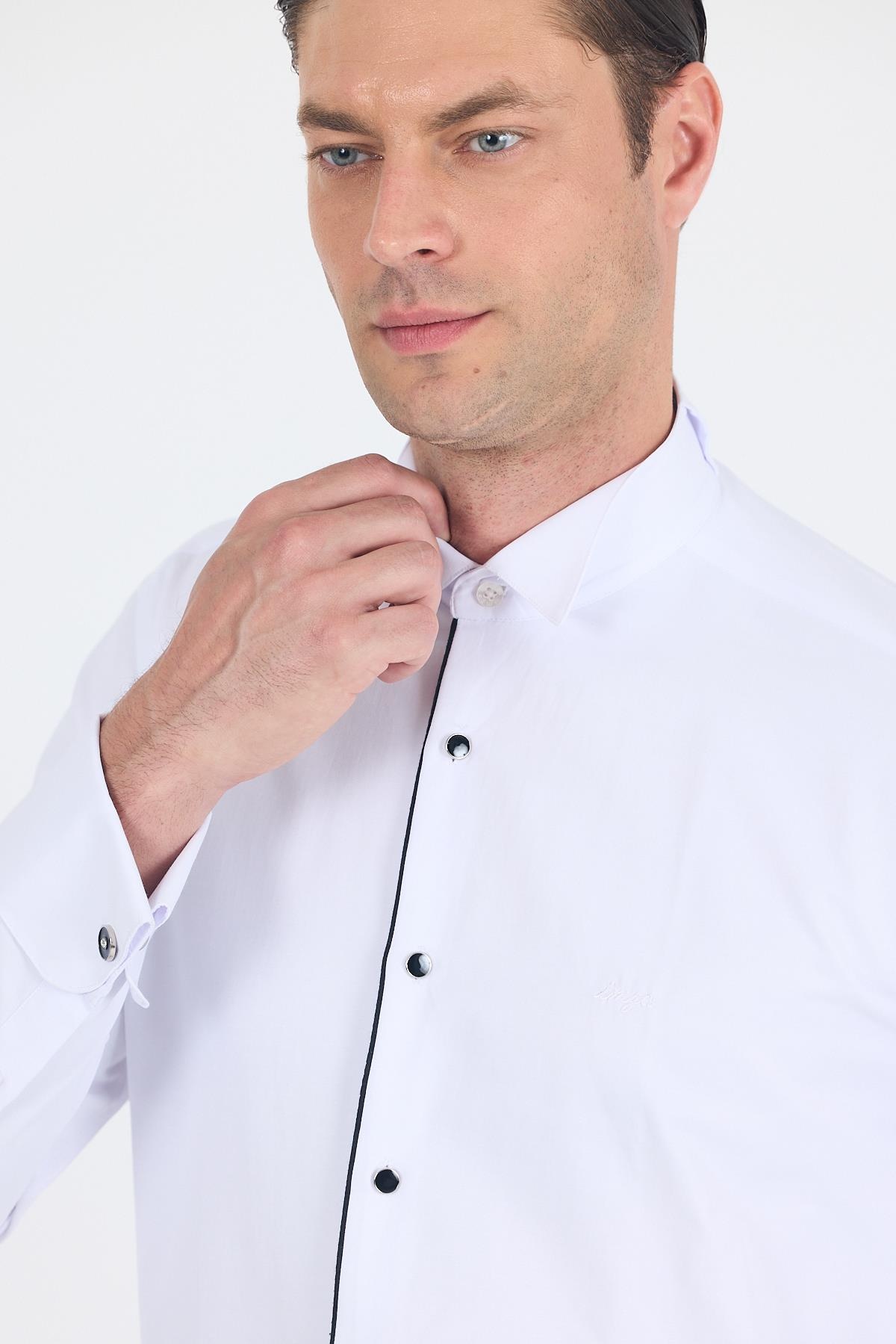 Beyaz Ata Yaka Kendinden Desenli Ceremony Pamuklu Slim Fit Gömlek 1004250215