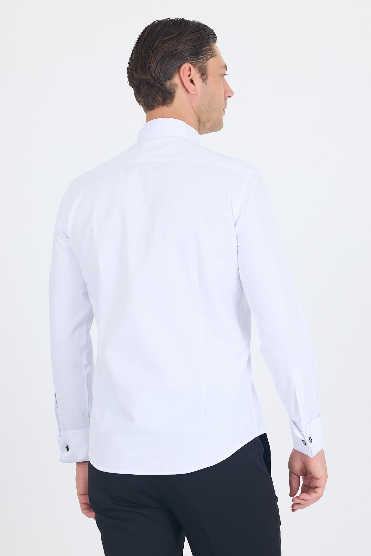 Beyaz Ata Yaka Kendinden Desenli Ceremony Pamuklu Slim Fit Gömlek 1004250215