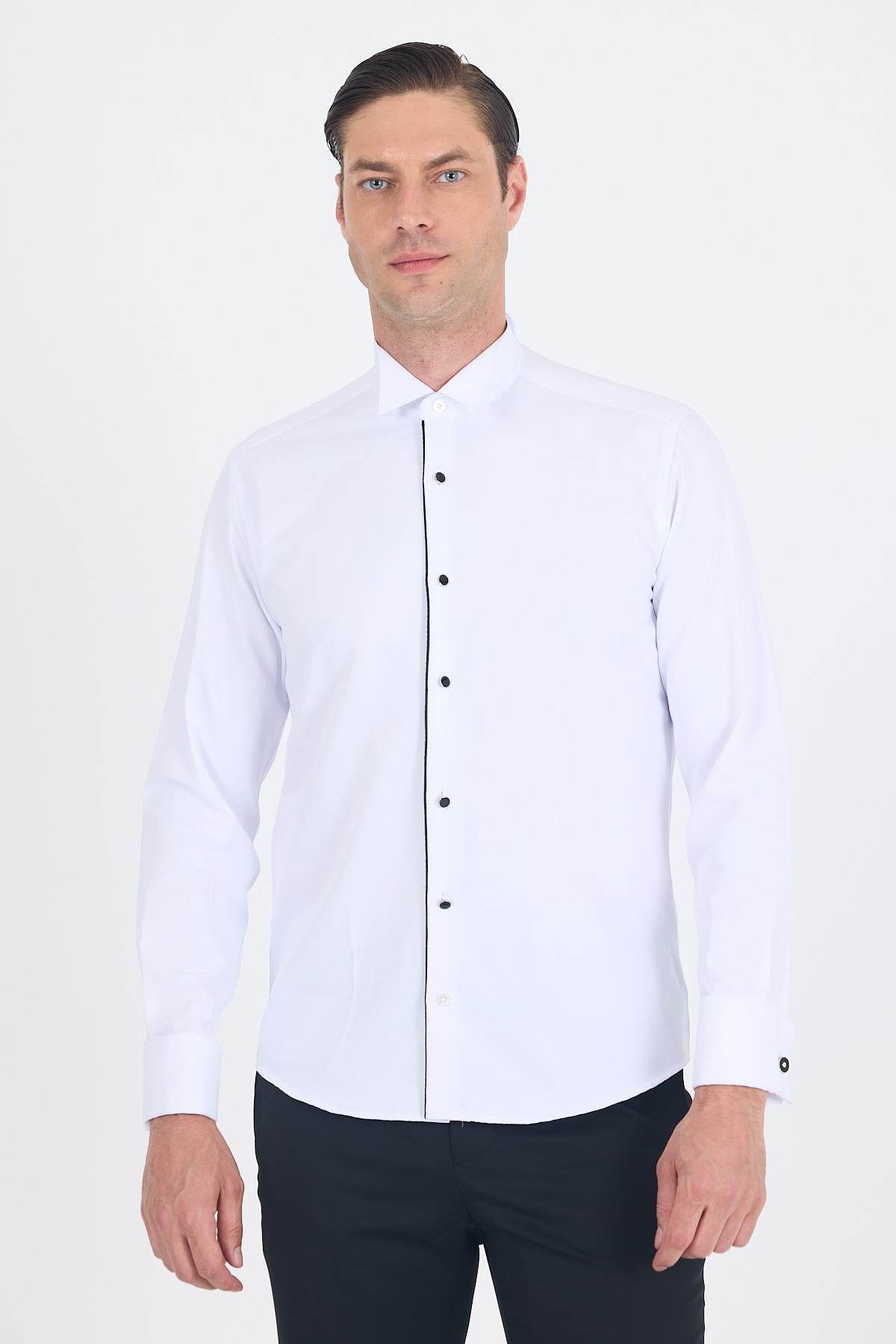 Beyaz Ata Yaka Kendinden Desenli Ceremony Pamuklu Slim Fit Gömlek 1004250215