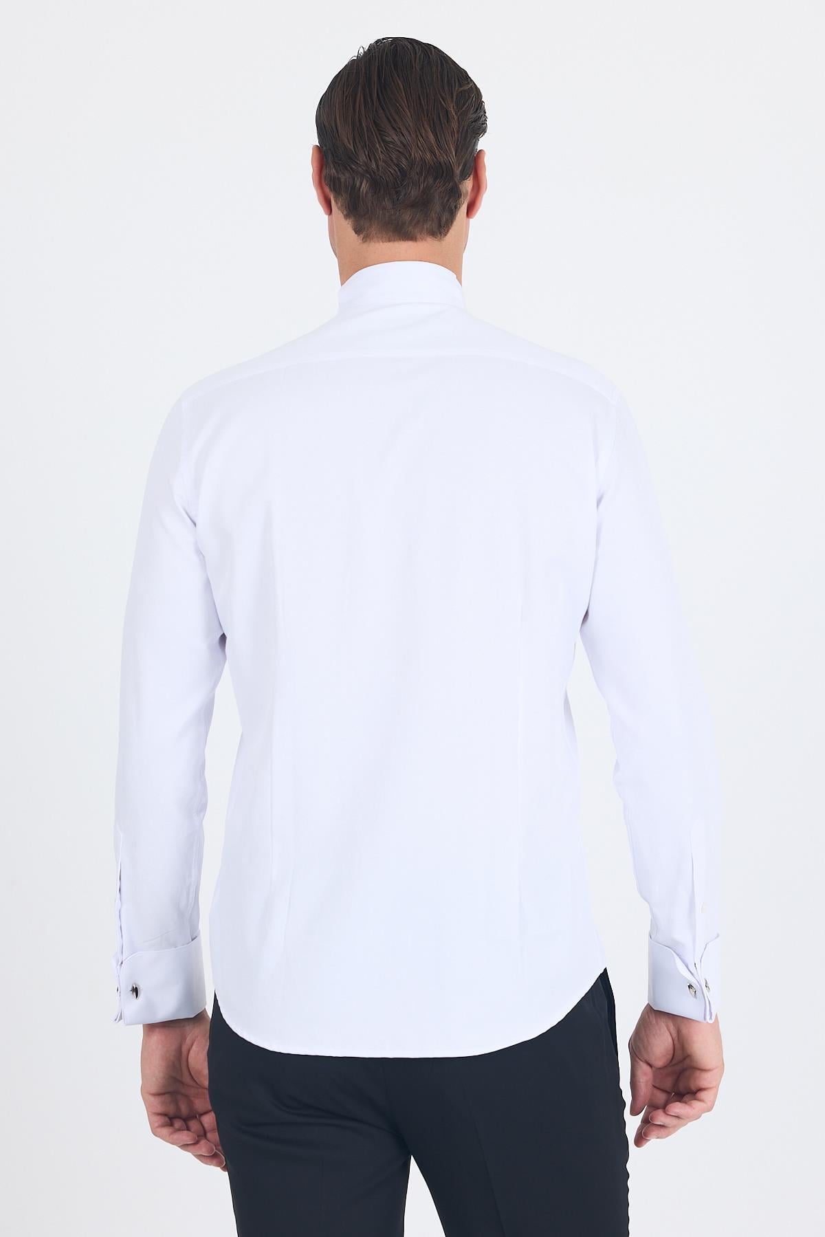 Beyaz Ata Yaka Kendinden Desenli Ceremony Pamuklu Slim Fit Gömlek 1004250215