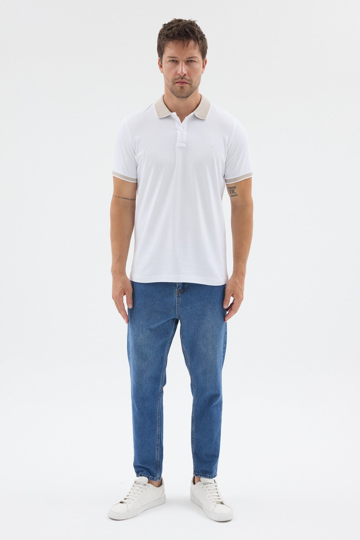 Beyaz-Bej Polo Yaka Pike Kısa Kol Slim Fit %100 Pamuk Tişört 1011260171