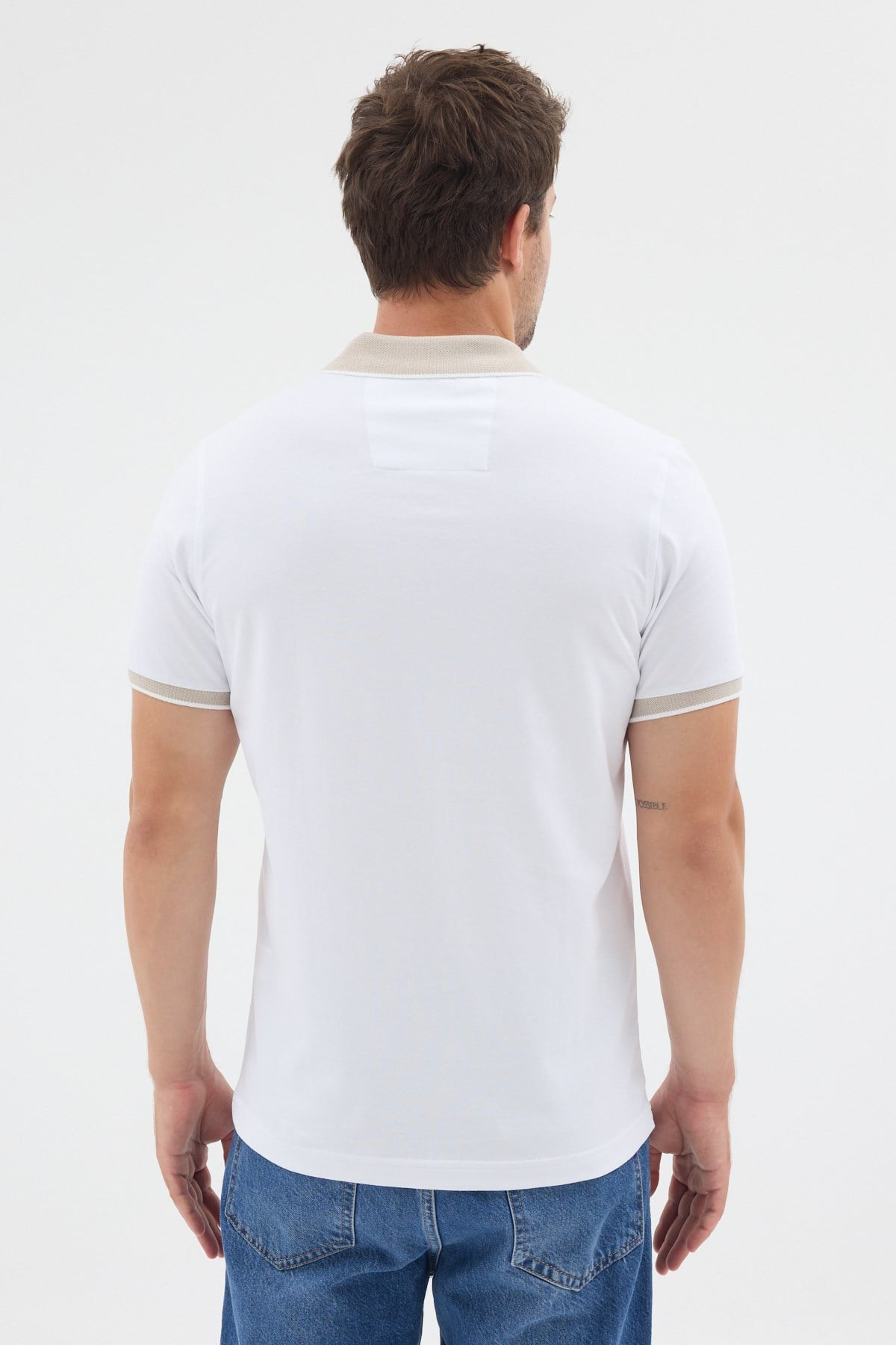 Beyaz-Bej Polo Yaka Pike Kısa Kol Slim Fit %100 Pamuk Tişört 1011260171