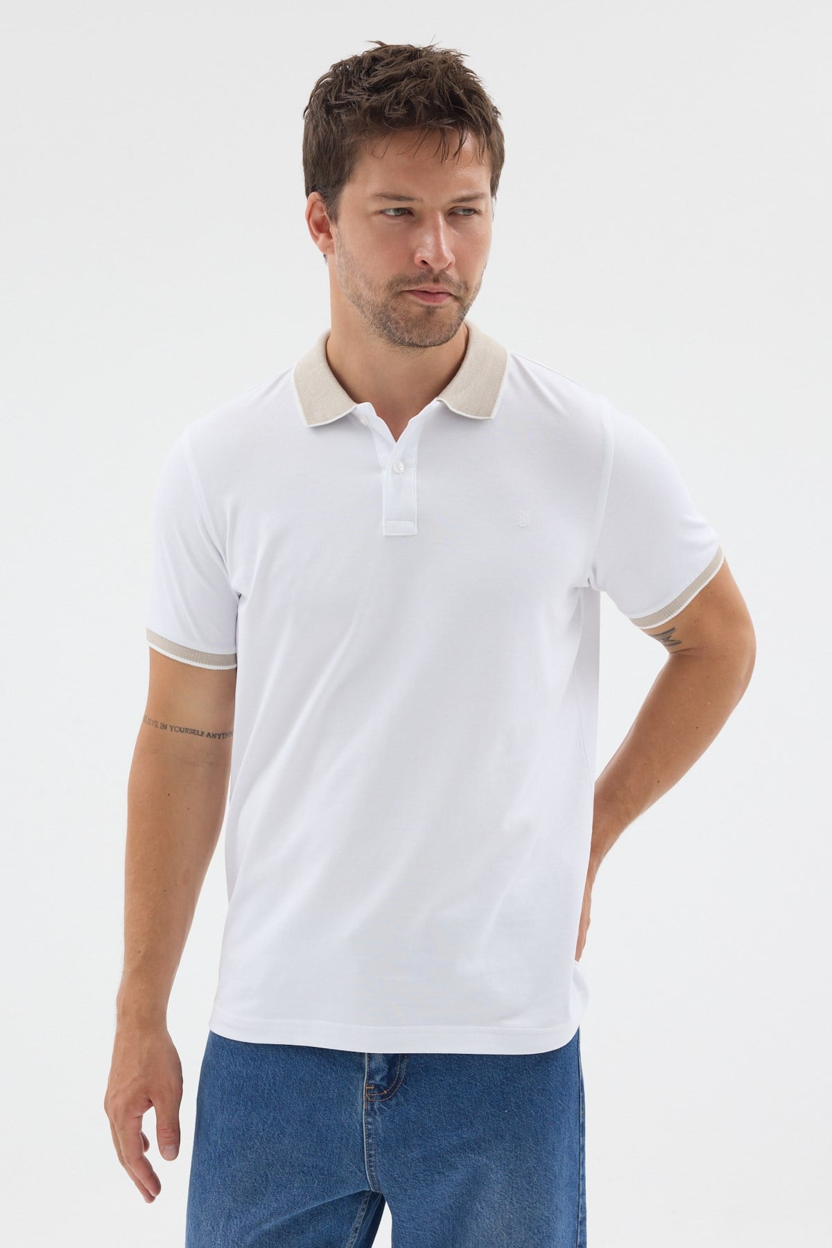Beyaz-Bej Polo Yaka Pike Kısa Kol Slim Fit %100 Pamuk Tişört 1011260171