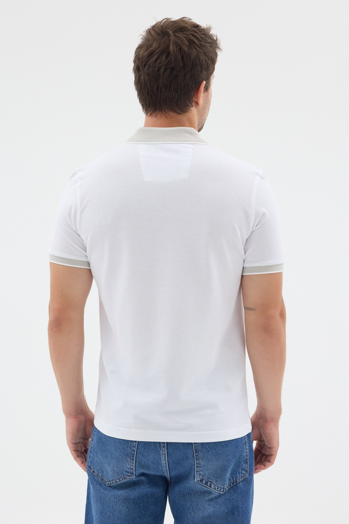 Beyaz-Çağla Polo Yaka Pike Kısa Kol Slim Fit %100 Pamuk Tişört 1011260171