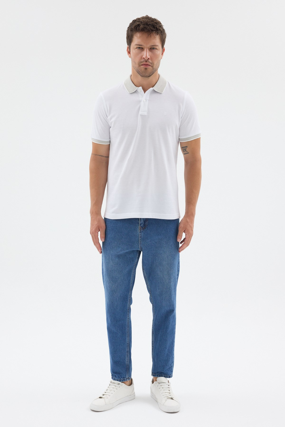 Beyaz-Çağla Polo Yaka Pike Kısa Kol Slim Fit %100 Pamuk Tişört 1011260171