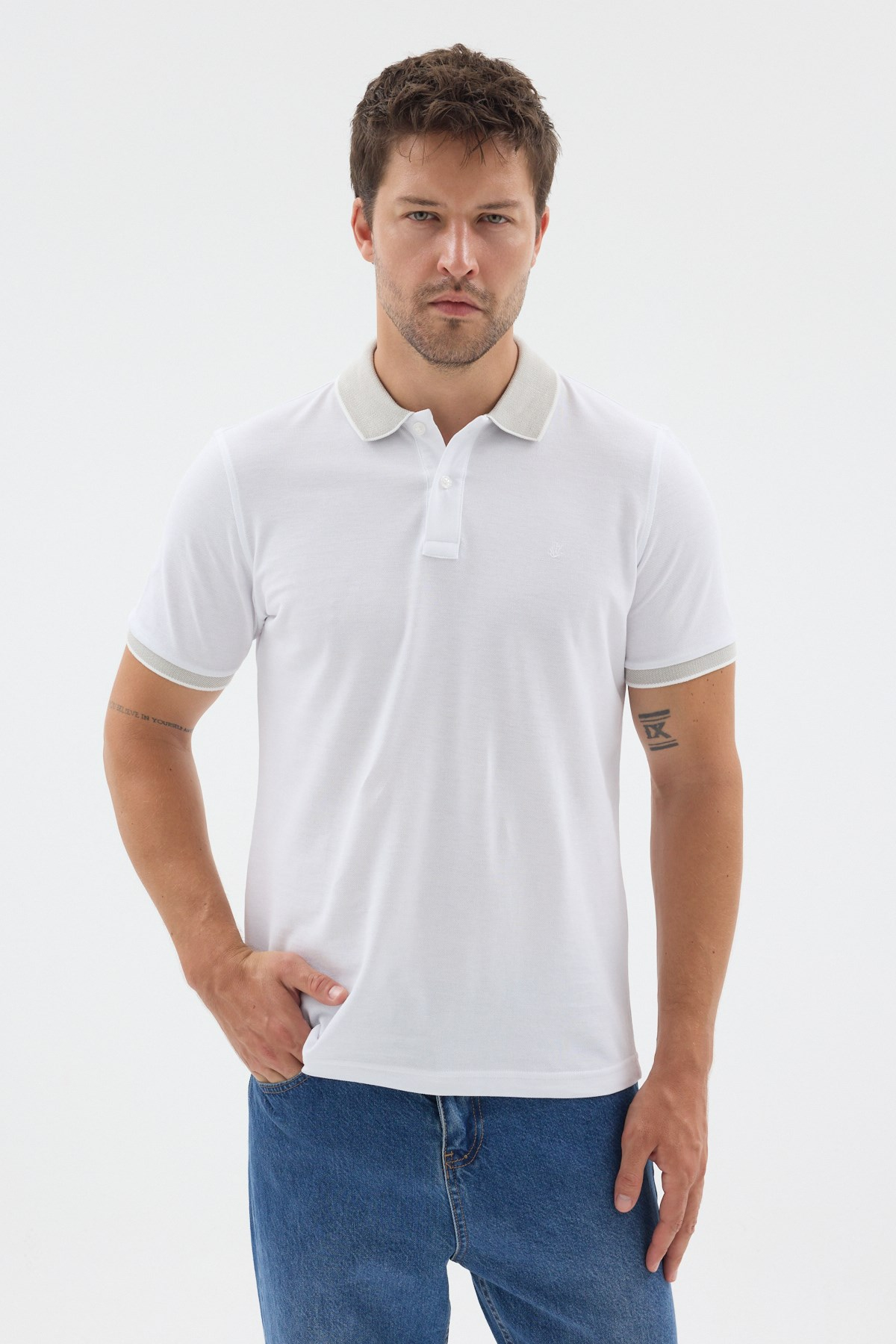 Beyaz-Çağla Polo Yaka Pike Kısa Kol Slim Fit %100 Pamuk Tişört 1011260171