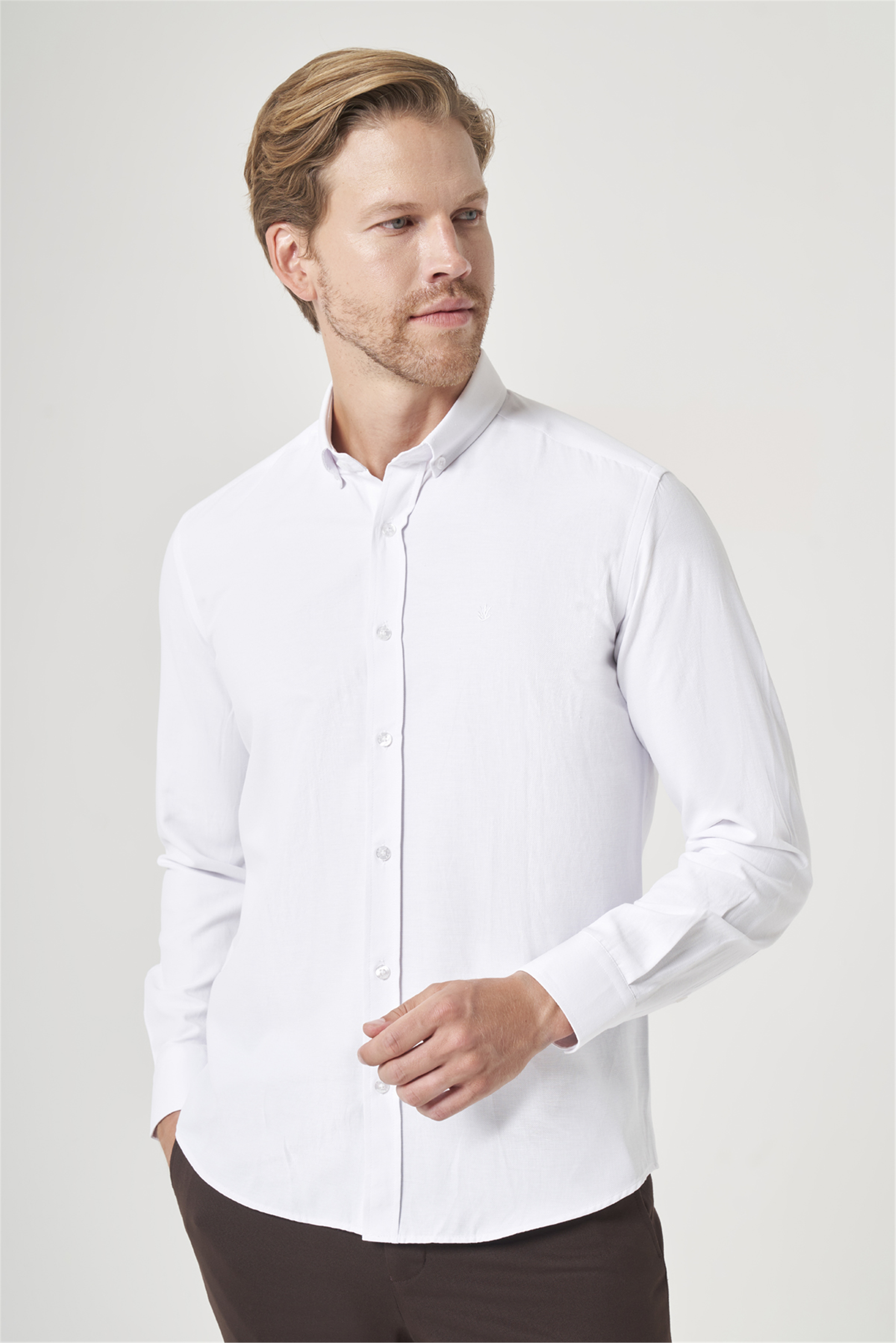 Beyaz Düğmeli Yaka Oxford Slim Fit Pamuklu Gömlek 1004265284
