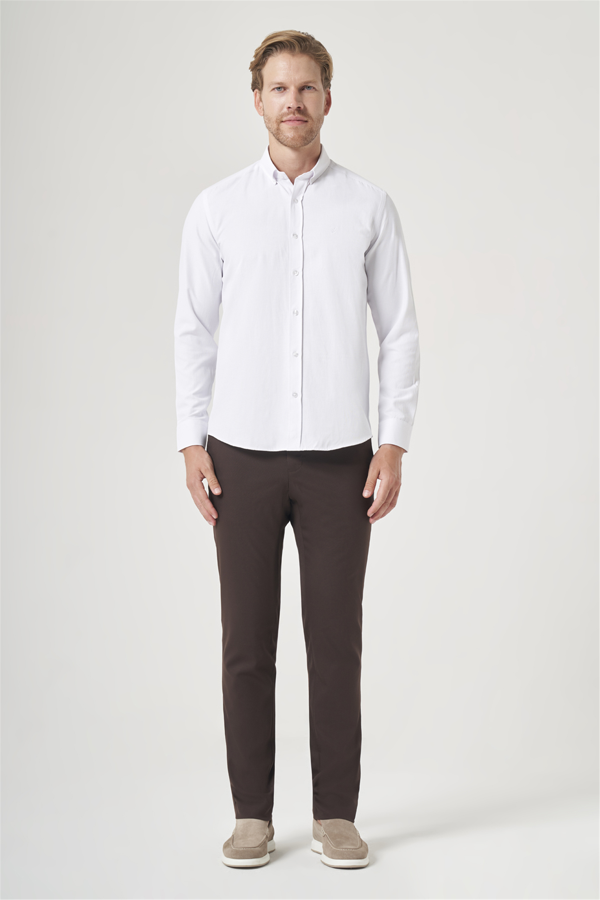 Beyaz Düğmeli Yaka Oxford Slim Fit Pamuklu Gömlek 1004265284