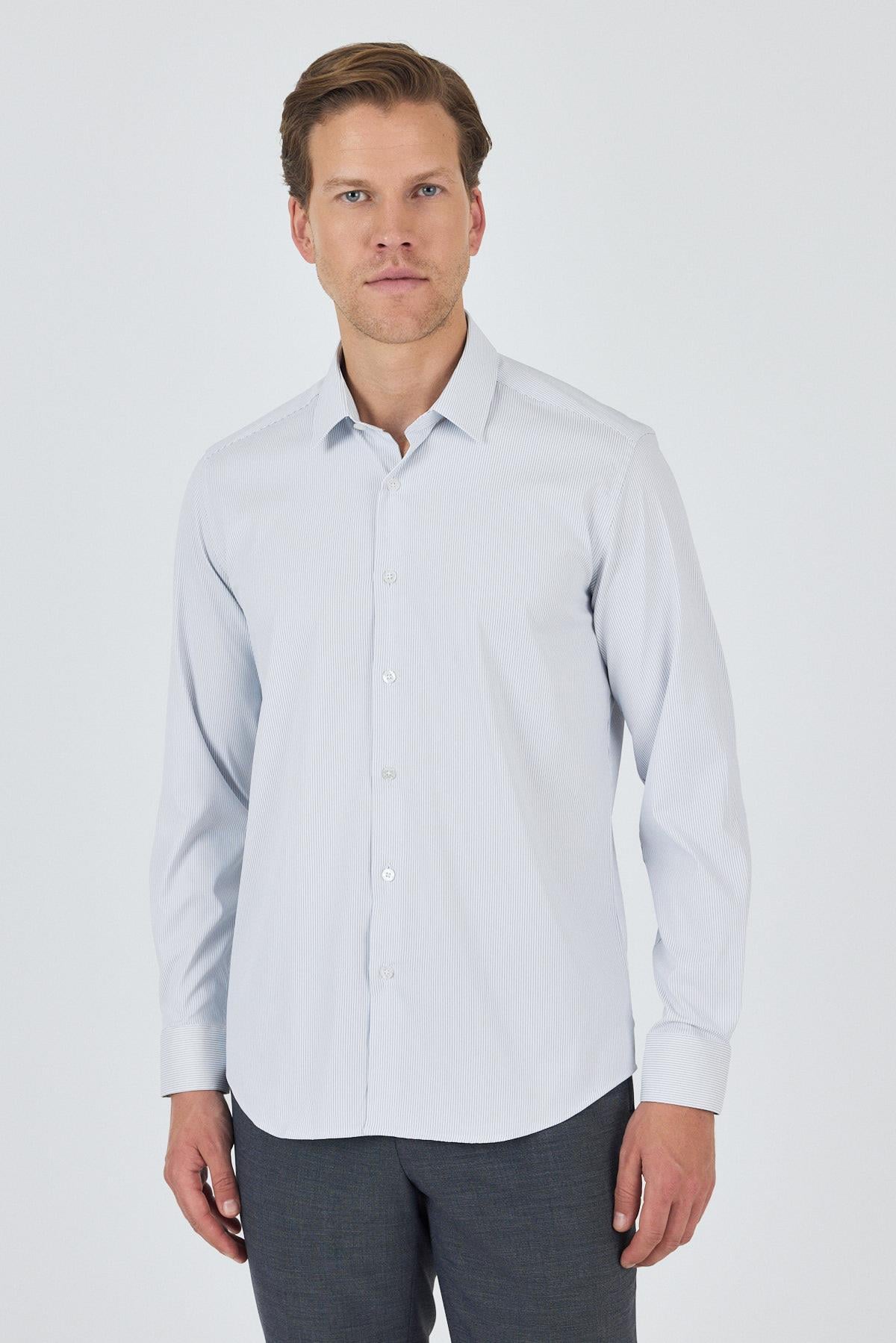 Beyaz Sert Yaka Cepsiz Gabardin Uzun Kol Slim Fit Esnek Gömlek 1004250231