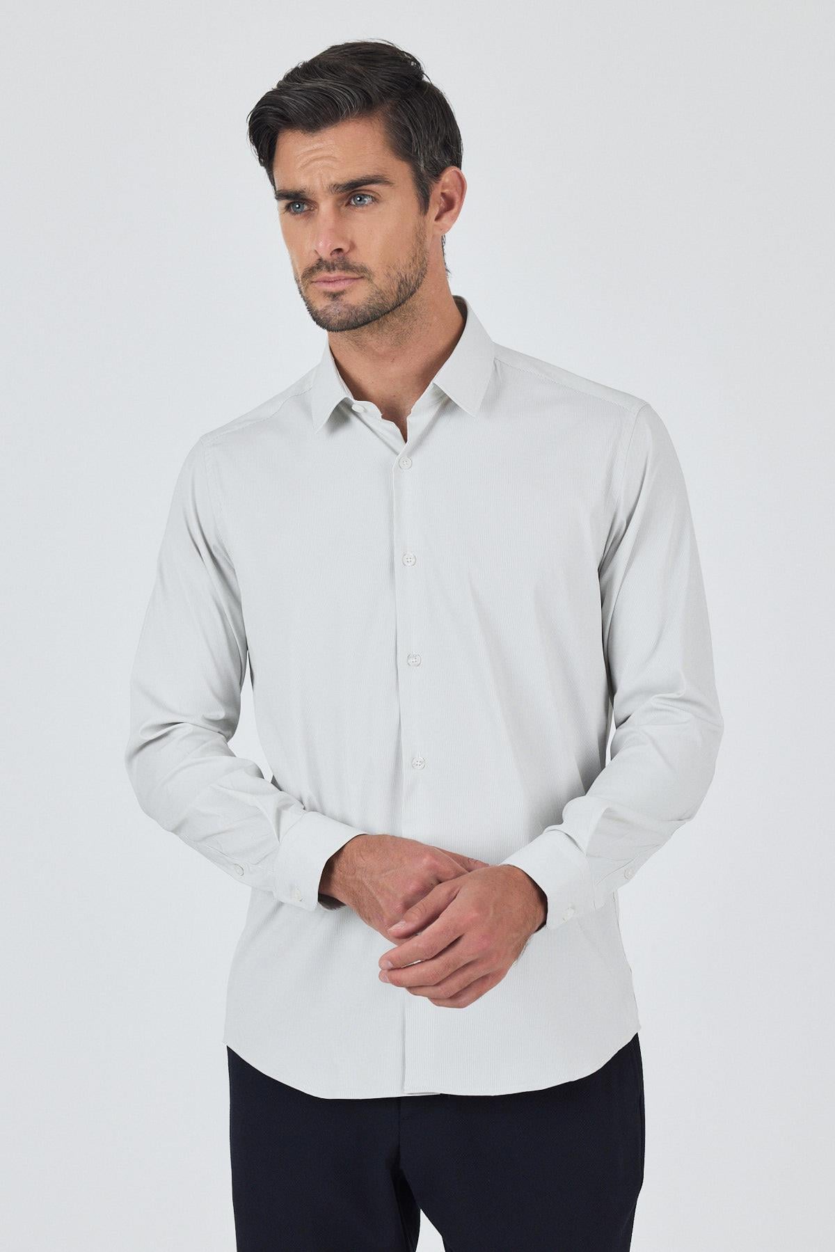 Sert Yaka Cepsiz Gabardin Uzun Kol Slim Fit Esnek Gömlek 1004250229
