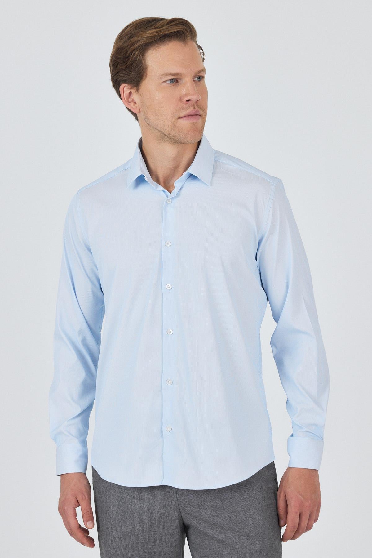 Sert Yaka Cepsiz Gabardin Uzun Kol Slim Fit Esnek Gömlek 1004250229