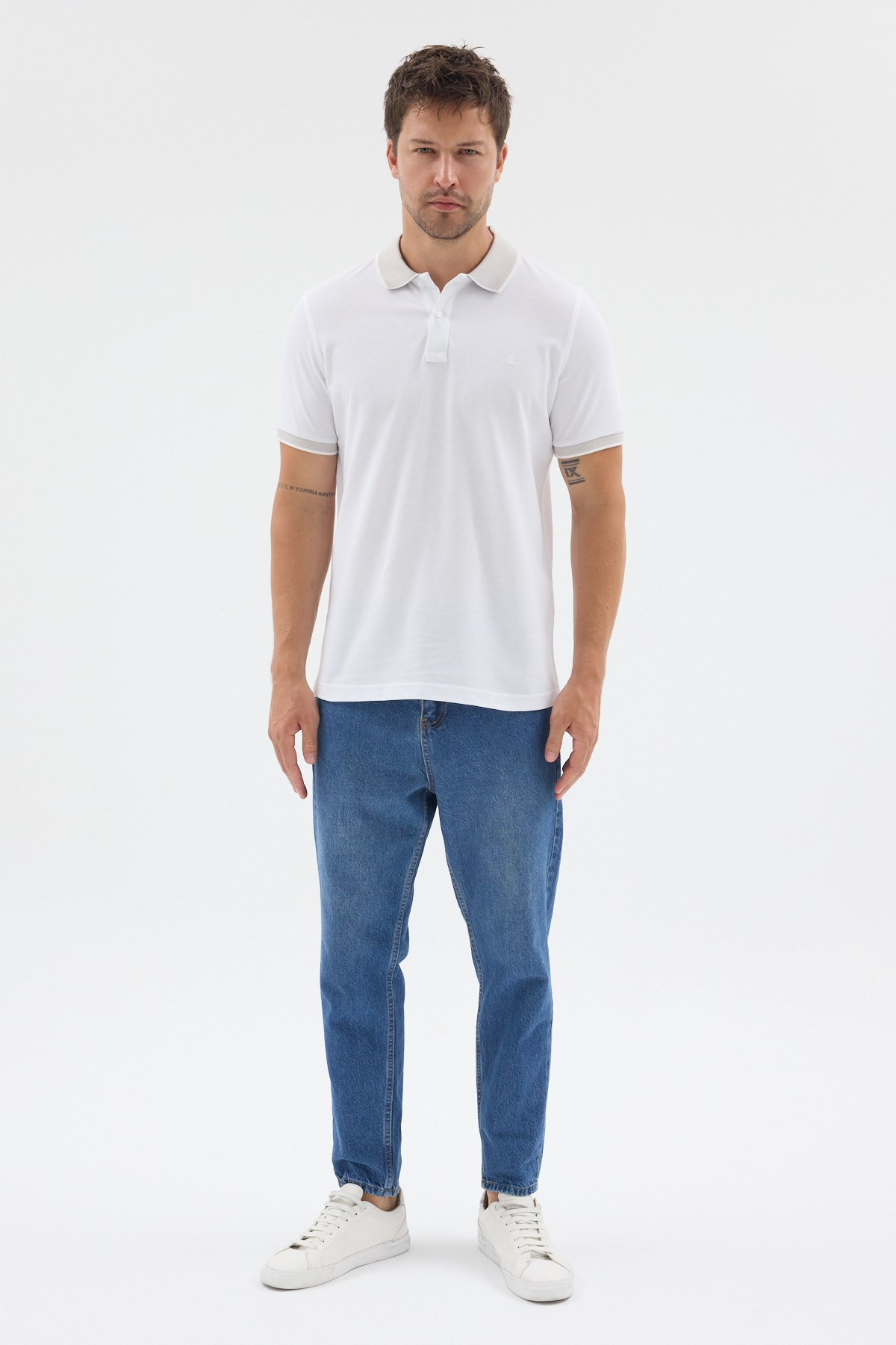 Beyaz-Gri Polo Yaka Pike Kısa Kol Slim Fit %100 Pamuk Tişört 1011260171
