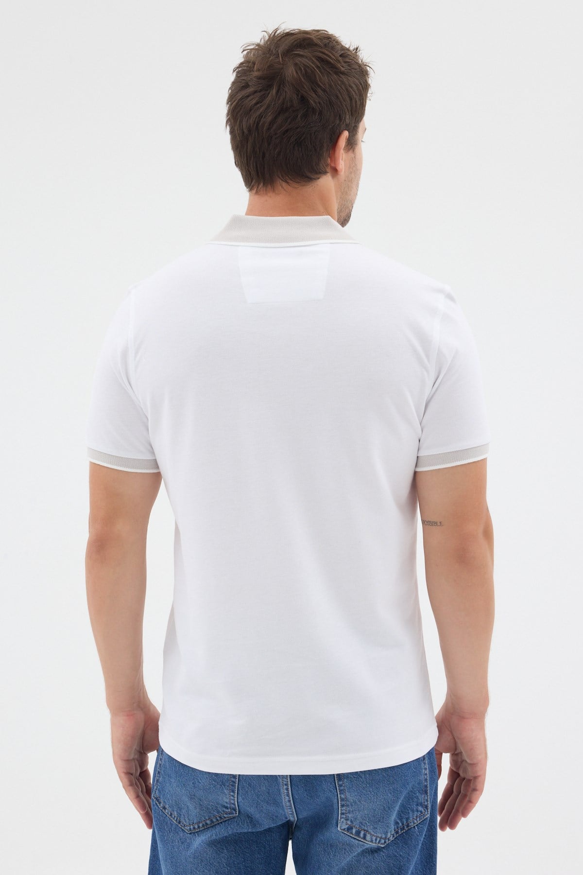Beyaz-Gri Polo Yaka Pike Kısa Kol Slim Fit %100 Pamuk Tişört 1011260171