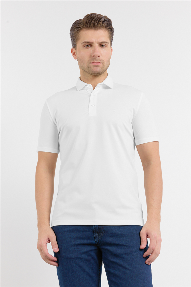 Beyaz İtalyan Yaka Kısa Kol Cepsiz Slim Fit Pamuklu Tişört 1011260180
