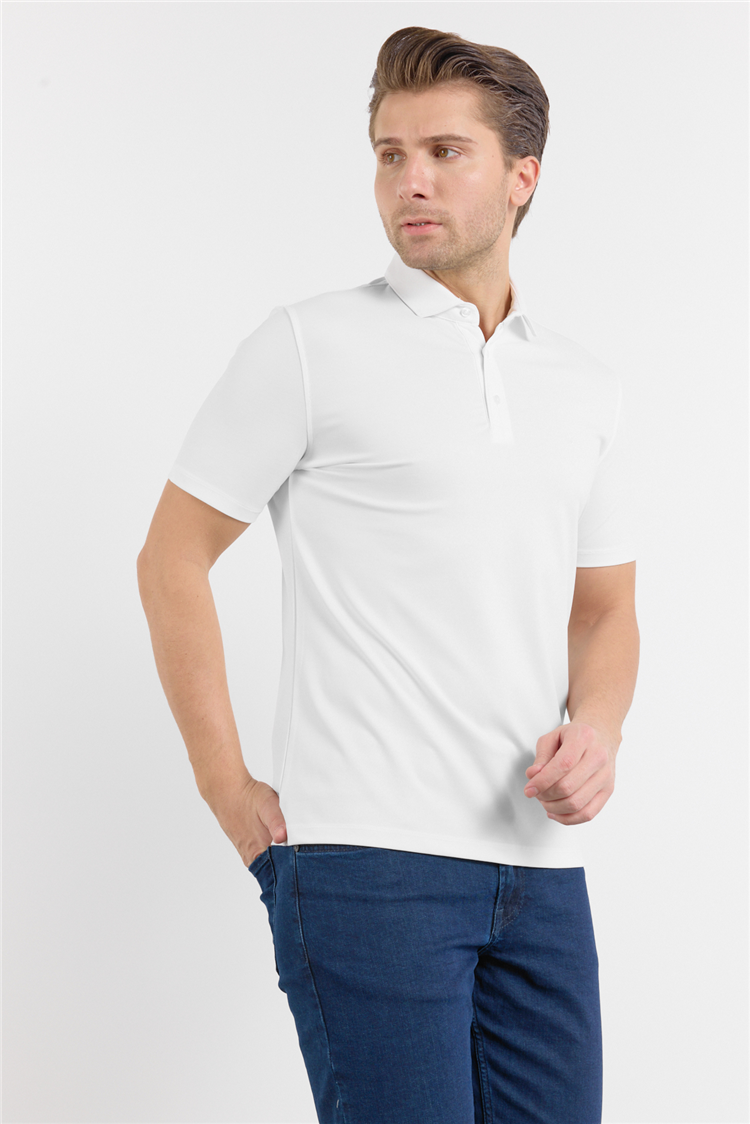 Beyaz İtalyan Yaka Kısa Kol Cepsiz Slim Fit Pamuklu Tişört 1011260180