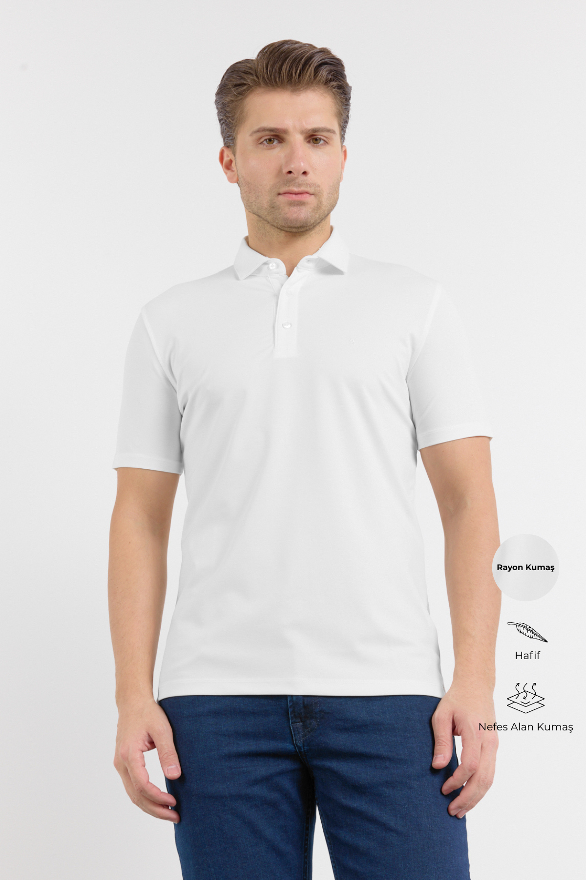 Beyaz İtalyan Yaka Kısa Kol Cepsiz Slim Fit Pamuklu Tişört 1011260180