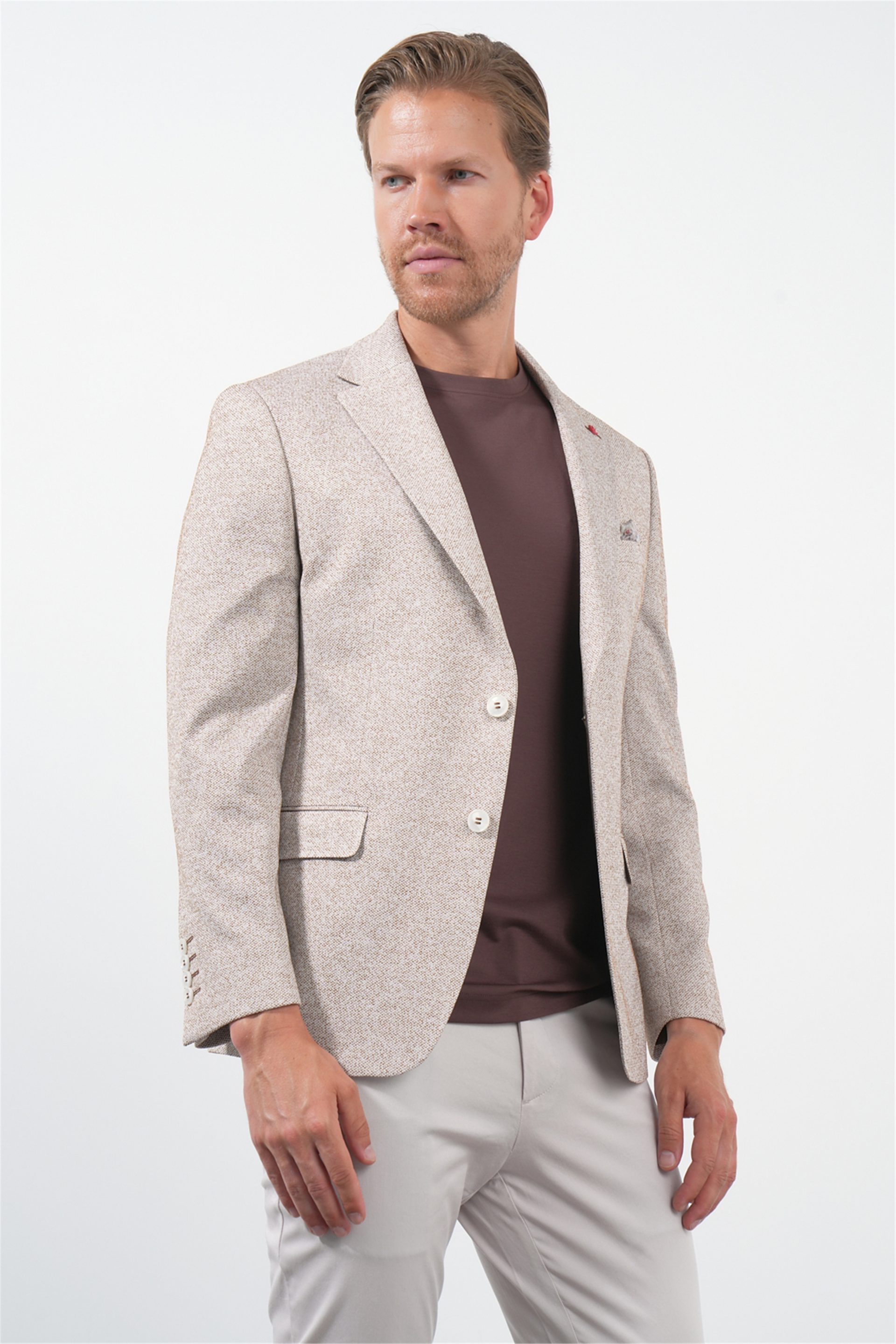 Beyaz-Kiremit Mono Yaka Örme 6 Drop Slim Fit Ceket 1002260153