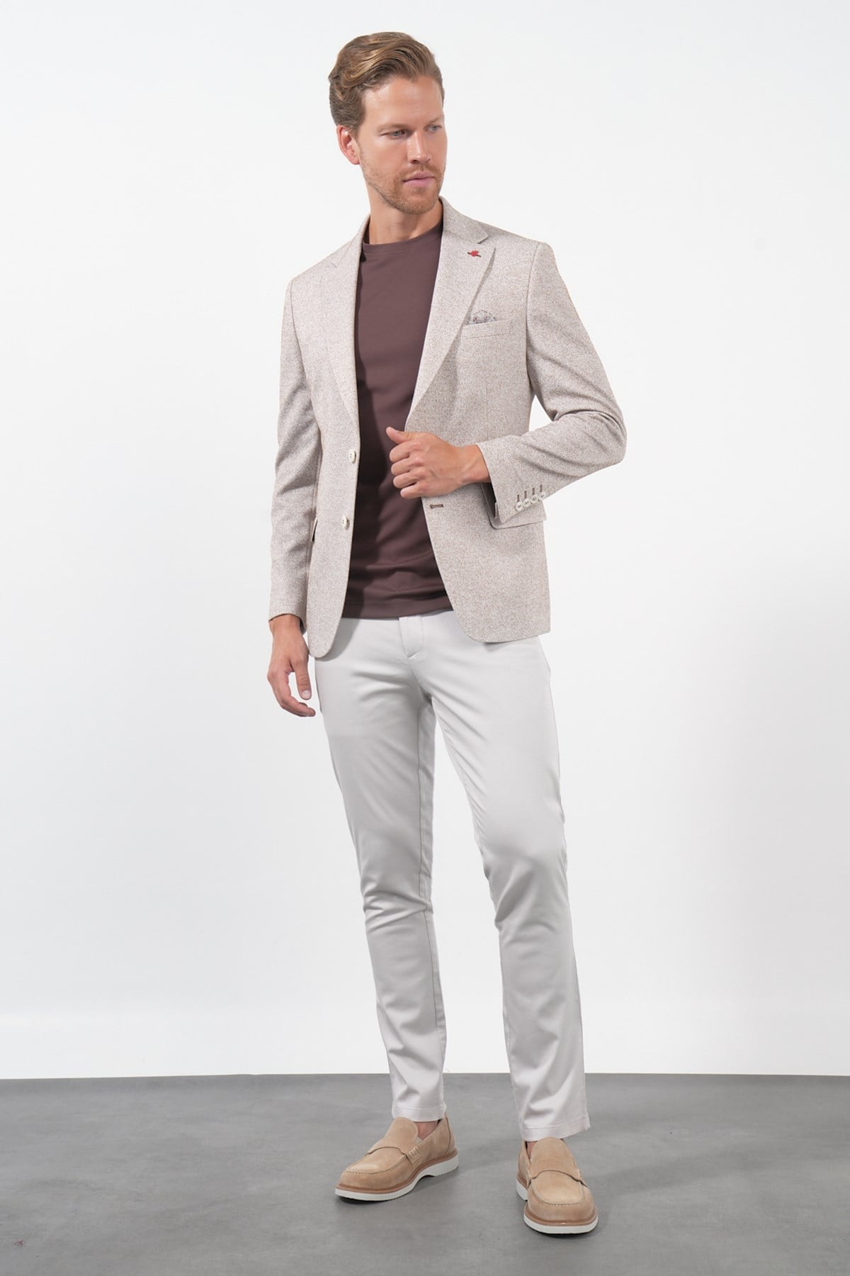 Beyaz-Kiremit Mono Yaka Örme 6 Drop Slim Fit Ceket 1002260153