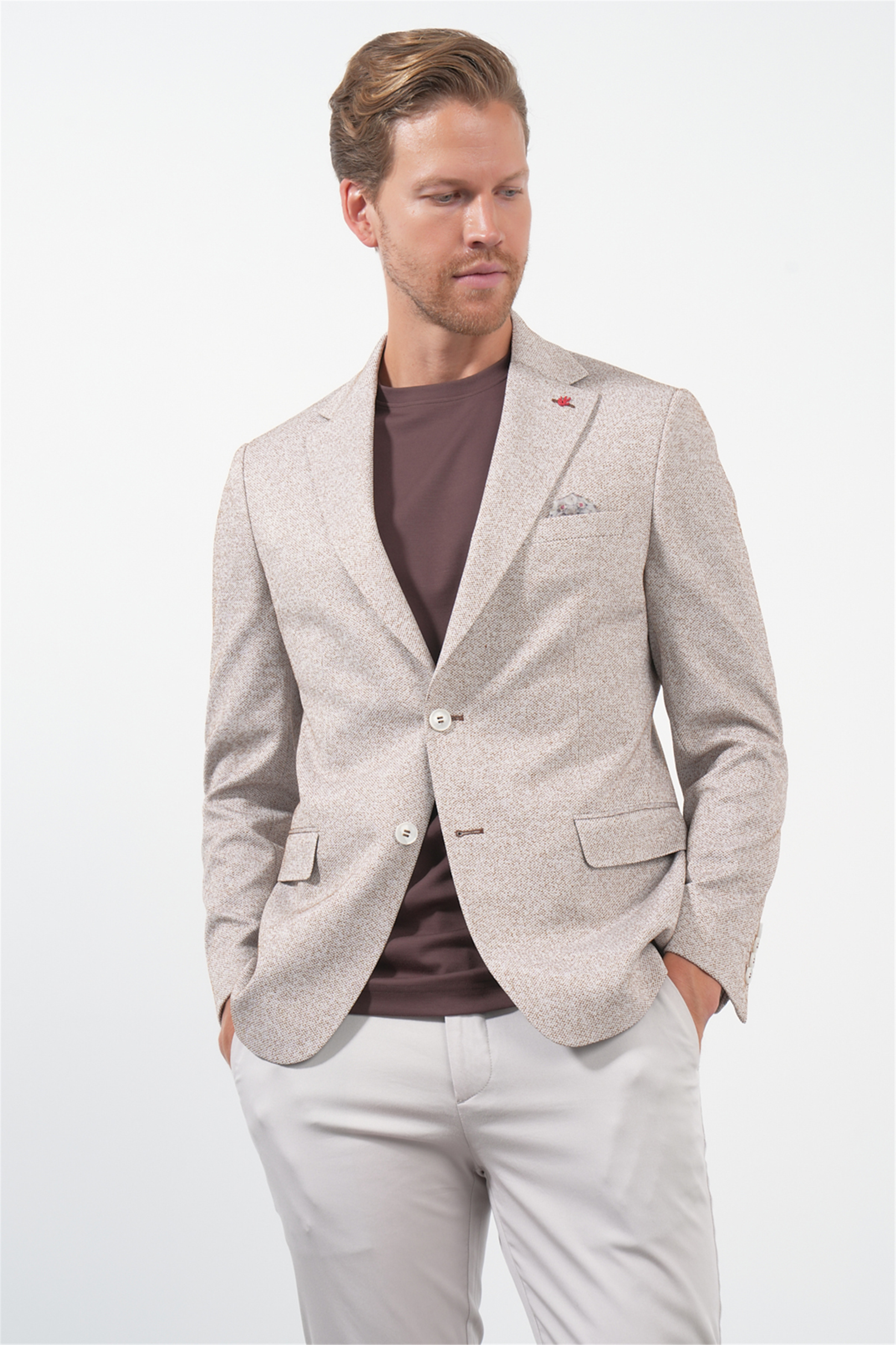 Beyaz-Kiremit Mono Yaka Örme 6 Drop Slim Fit Ceket 1002260153