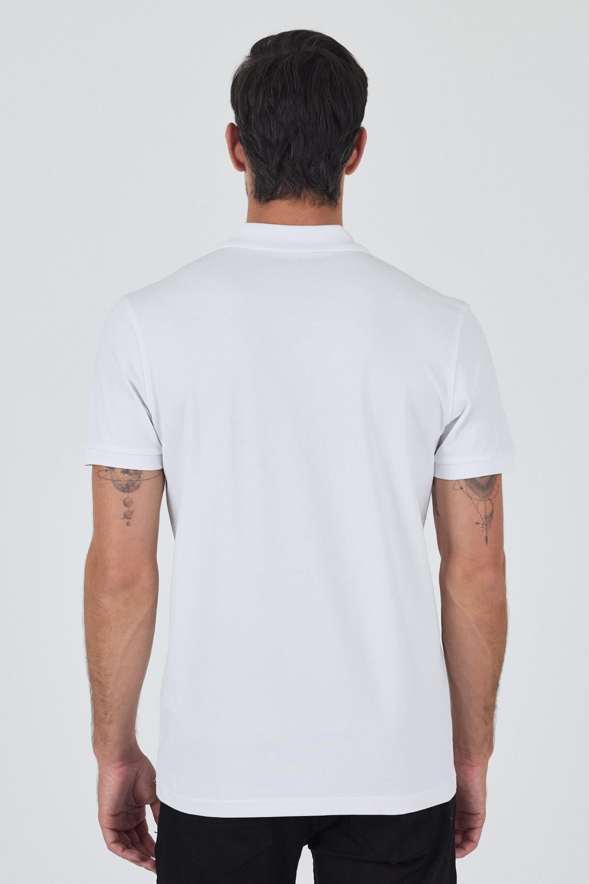 Beyaz Kısa Kol Düz Pike Polo Yaka Cepsiz Pamuk Casual Slim Fit Tişört 1011250157