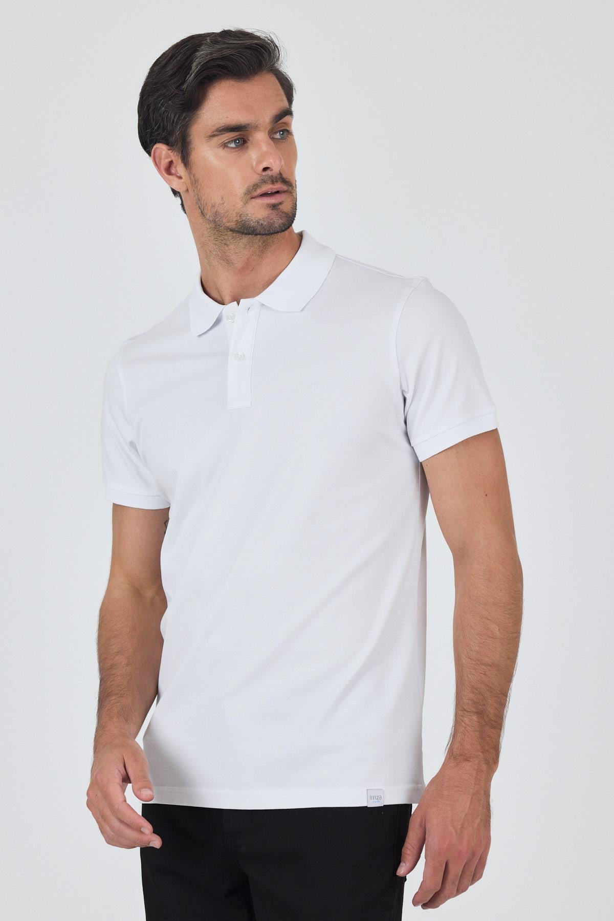 Beyaz Kısa Kol Düz Pike Polo Yaka Cepsiz Pamuk Casual Slim Fit Tişört 1011250157