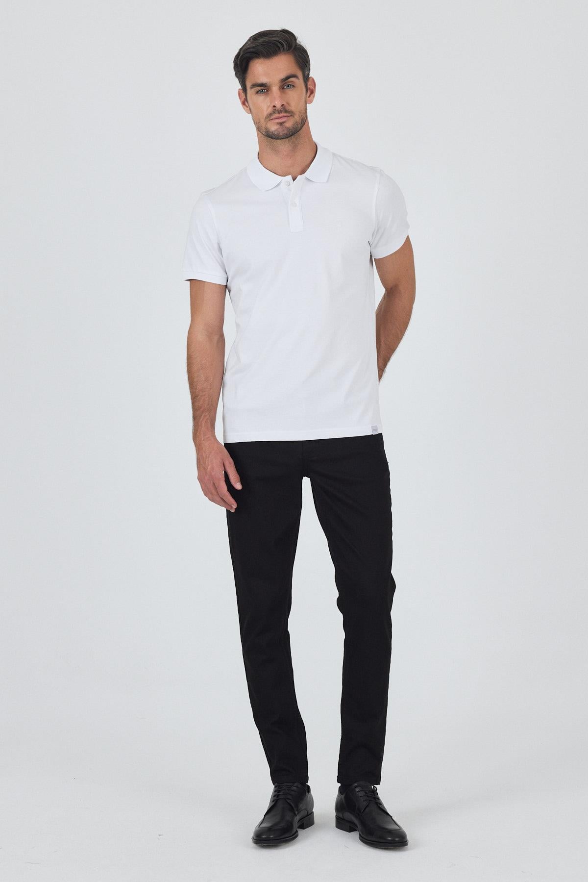 Beyaz Kısa Kol Düz Pike Polo Yaka Cepsiz Pamuk Casual Slim Fit Tişört 1011250157