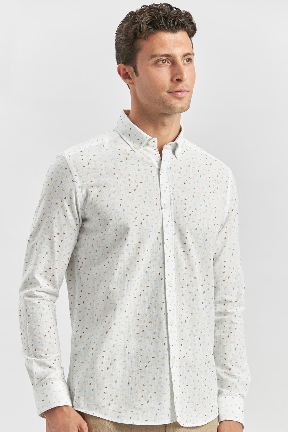 Kısalabilir Kol Baskılı Cepsiz %100 Pamuk Klasik Slim Fit Dar Kesim Gömlek 1004240105