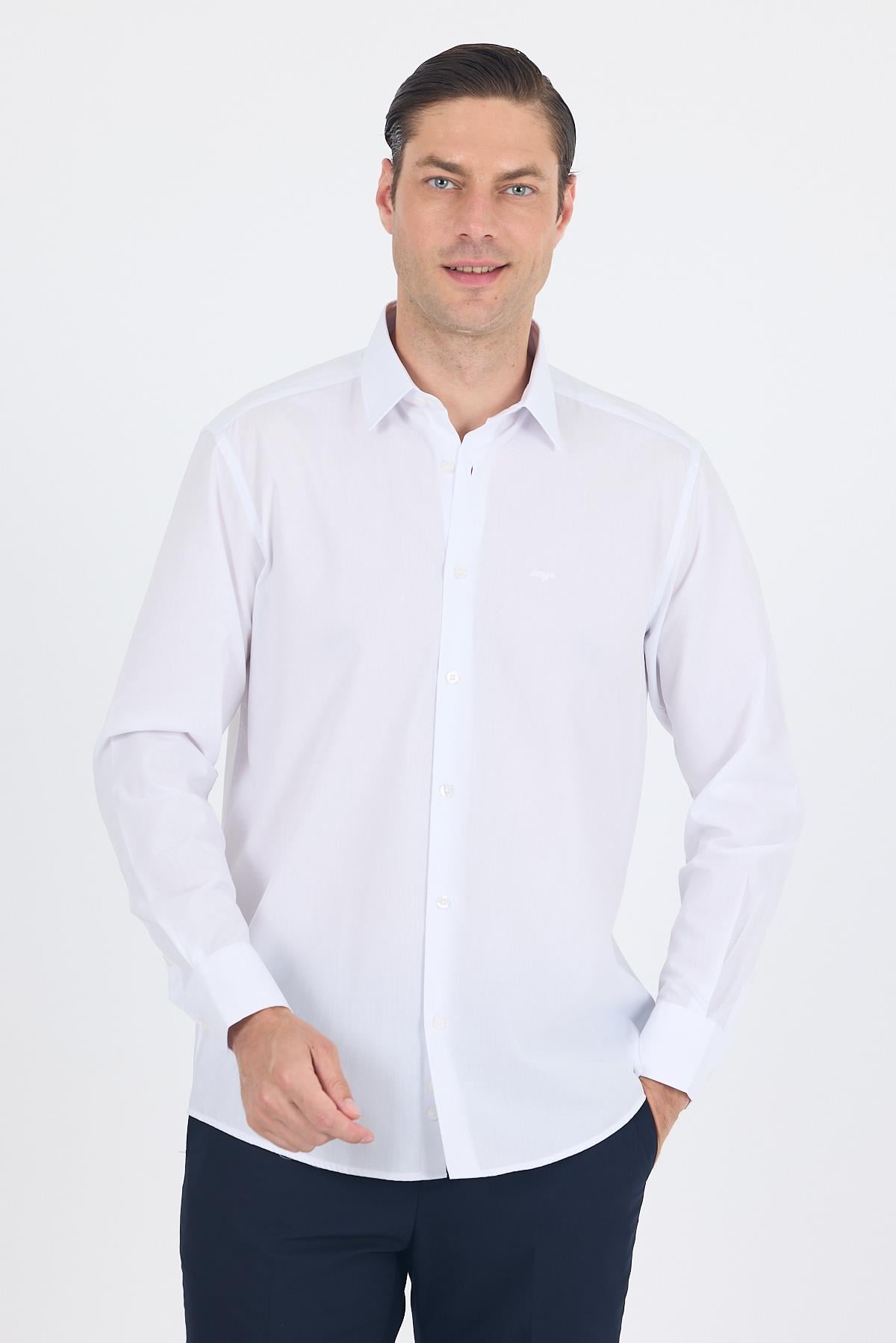 Klasik Yaka Uzun Kol Cepsiz Comfort Fit Classic Pamuklu Gömlek Gömlek 1004250287