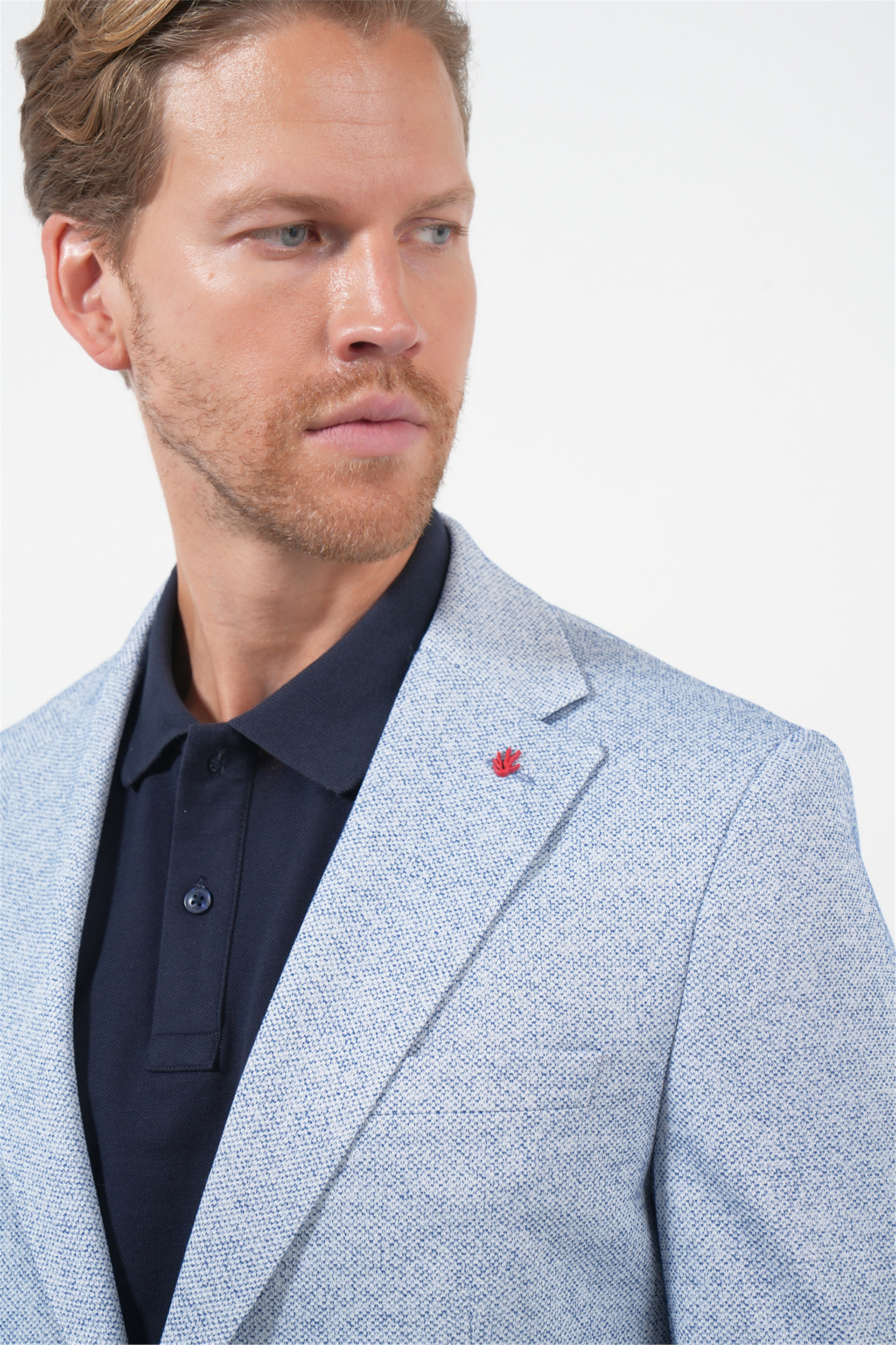 Beyaz-Lacivert Mono Yaka Örme 6 Drop Slim Fit Ceket 1002260153