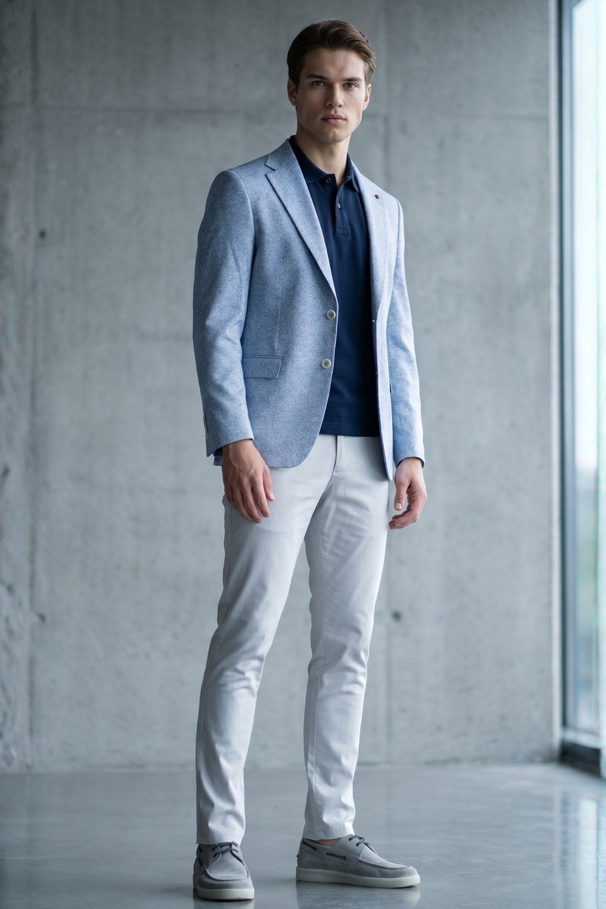 Beyaz-Lacivert Mono Yaka Örme 6 Drop Slim Fit Ceket 1002260153