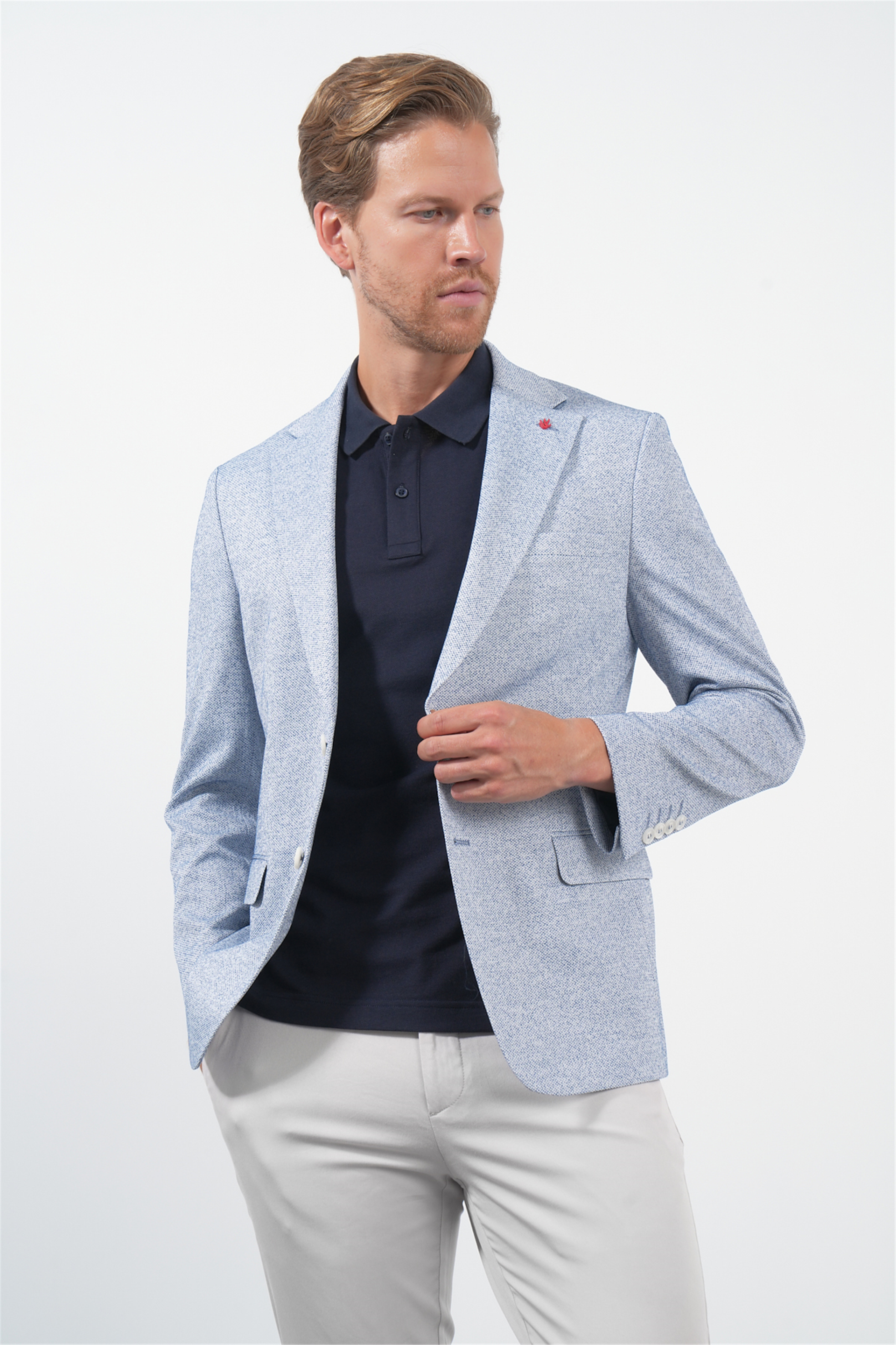 Beyaz-Lacivert Mono Yaka Örme 6 Drop Slim Fit Ceket 1002260153