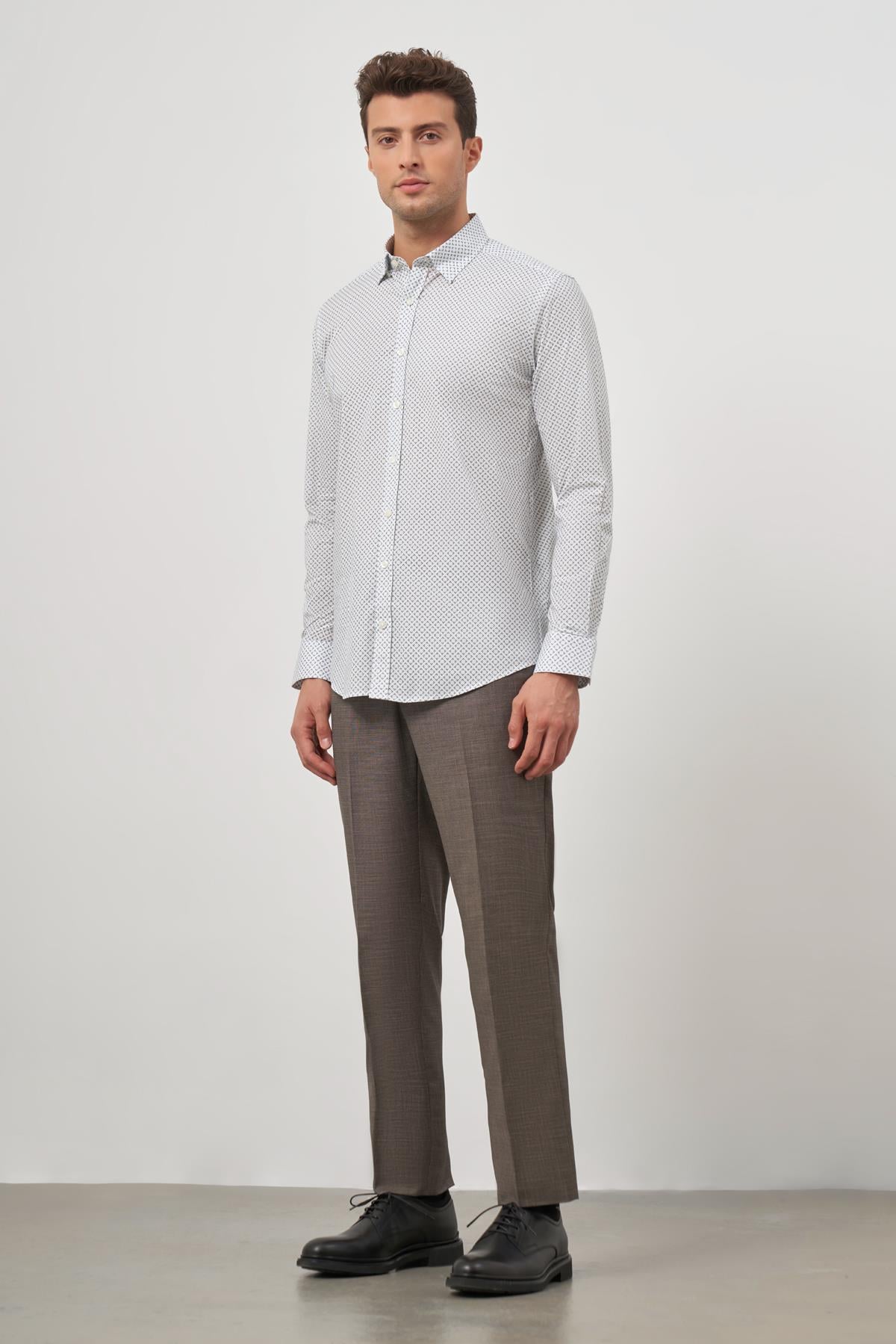 Beyaz Uzun Kol Perfectto Alttan Biritli Yaka Cepsiz Pamuklu Classic Slim Fit Gömlek 1004240259