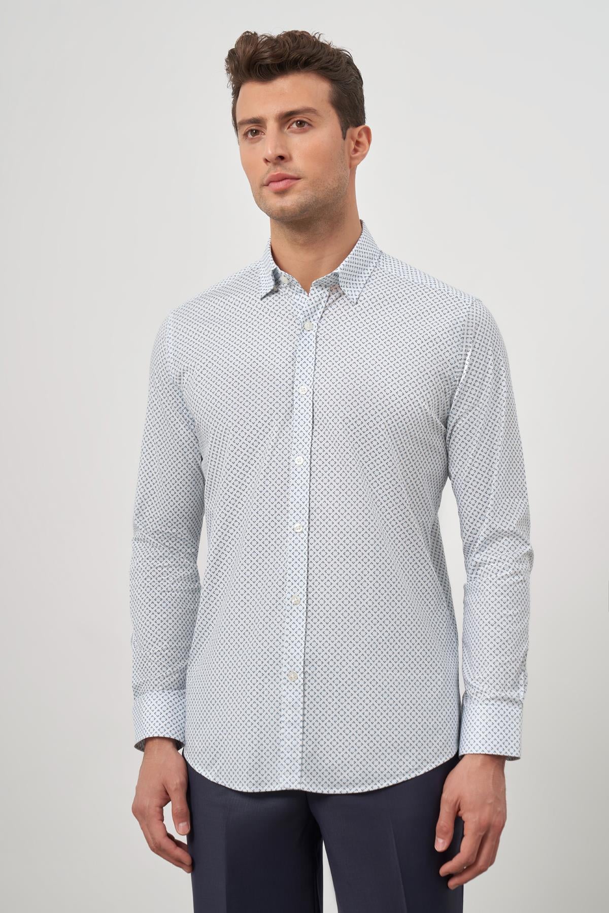 Beyaz Uzun Kol Perfectto Alttan Biritli Yaka Cepsiz Pamuklu Classic Slim Fit Gömlek 1004240259