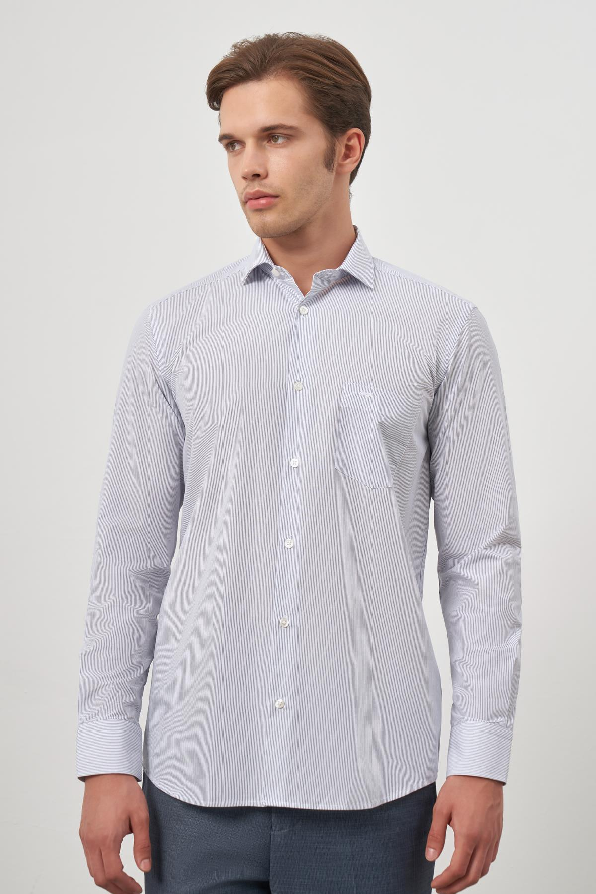 Beyaz Uzun Kol Desen Yarım İtalyan Yaka Cepli Pamuklu Classic Comfort Fit Gömlek 1004245175