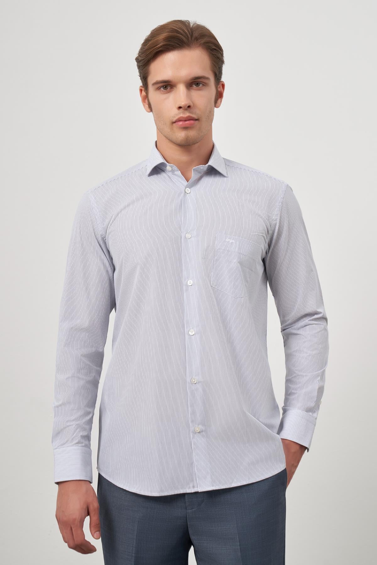 Beyaz Uzun Kol Desen Yarım İtalyan Yaka Cepli Pamuklu Classic Comfort Fit Gömlek 1004245175
