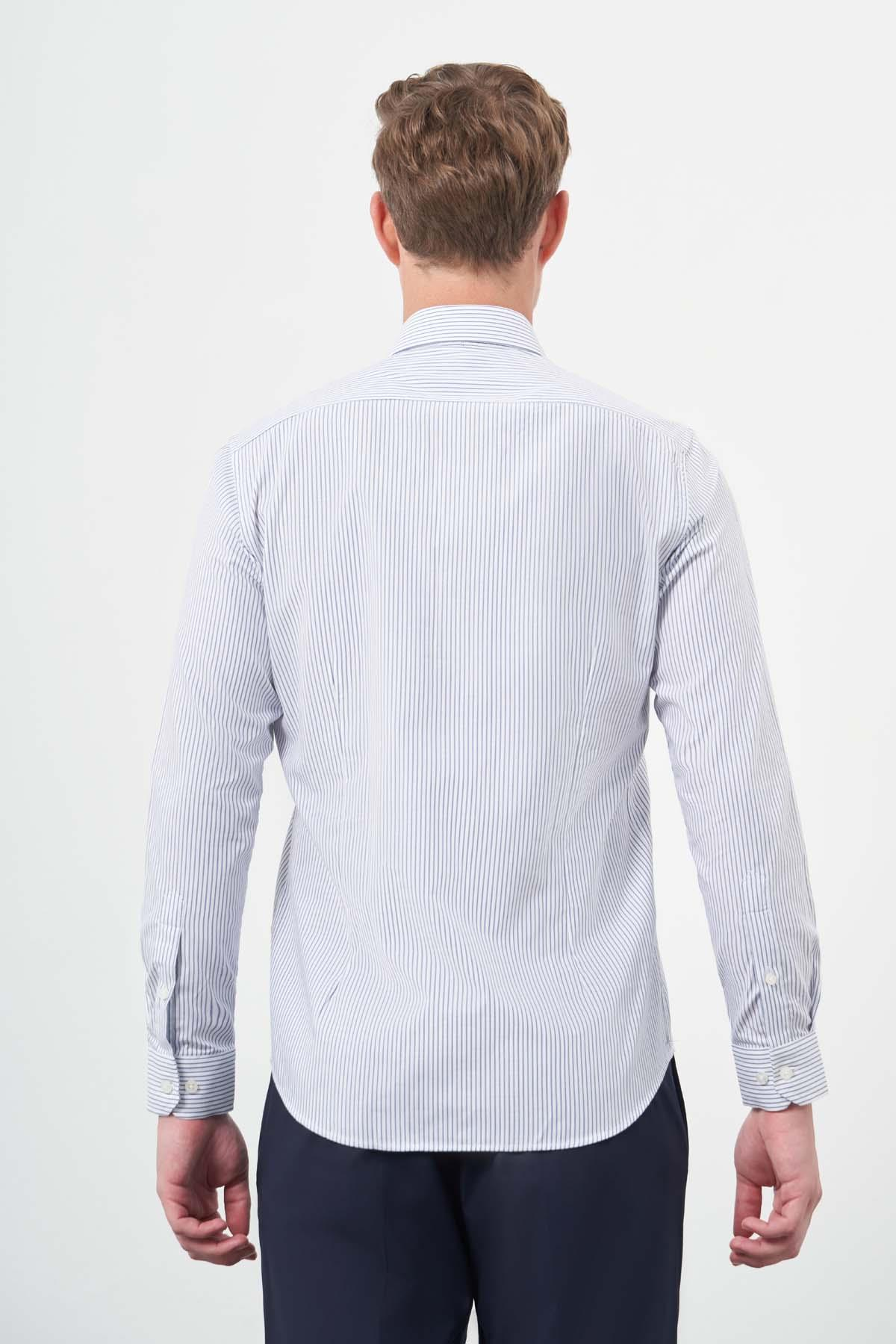 Uzun Kol Çizgili Desen Oxford Sert Yaka Cepsiz Pamuklu Classic Slim Fit Gömlek 1004245206