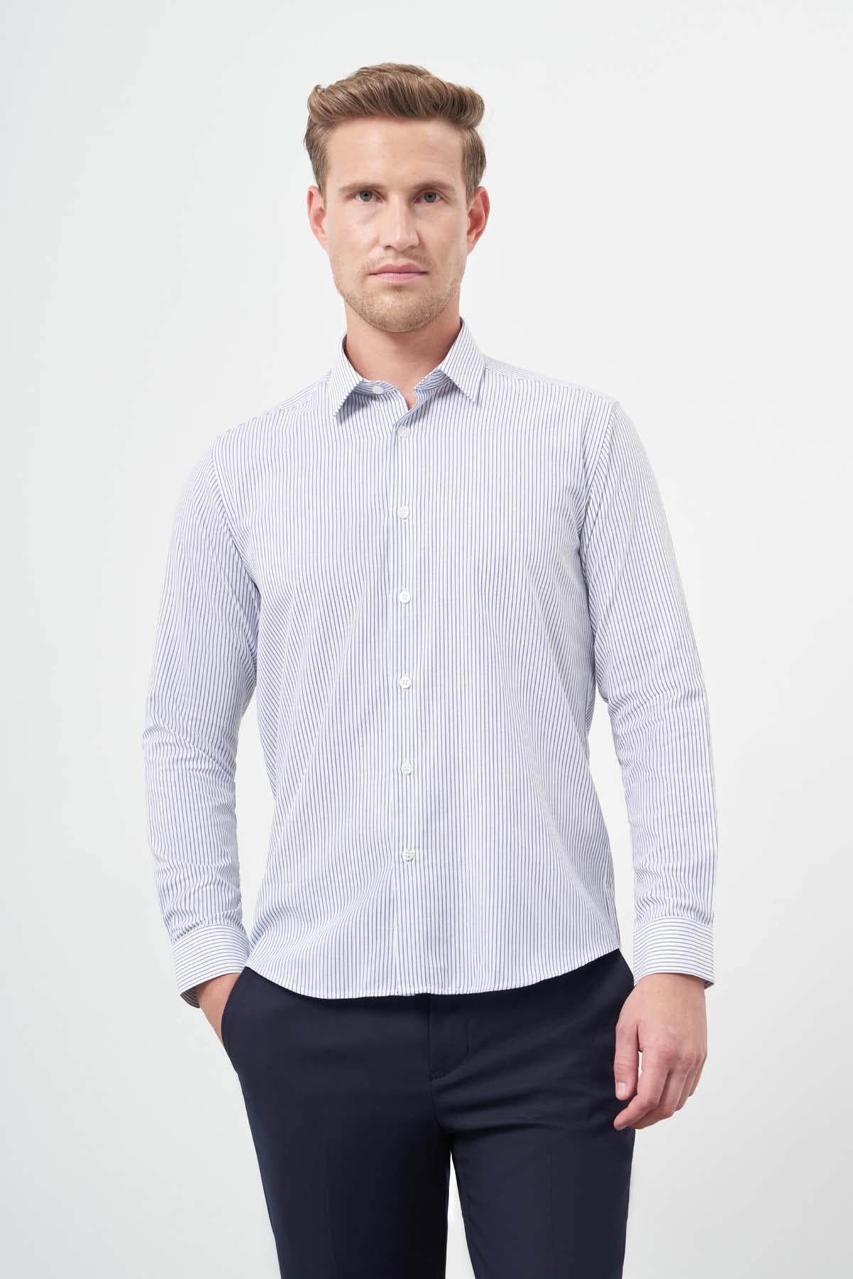 Uzun Kol Çizgili Desen Oxford Sert Yaka Cepsiz Pamuklu Classic Slim Fit Gömlek 1004245206