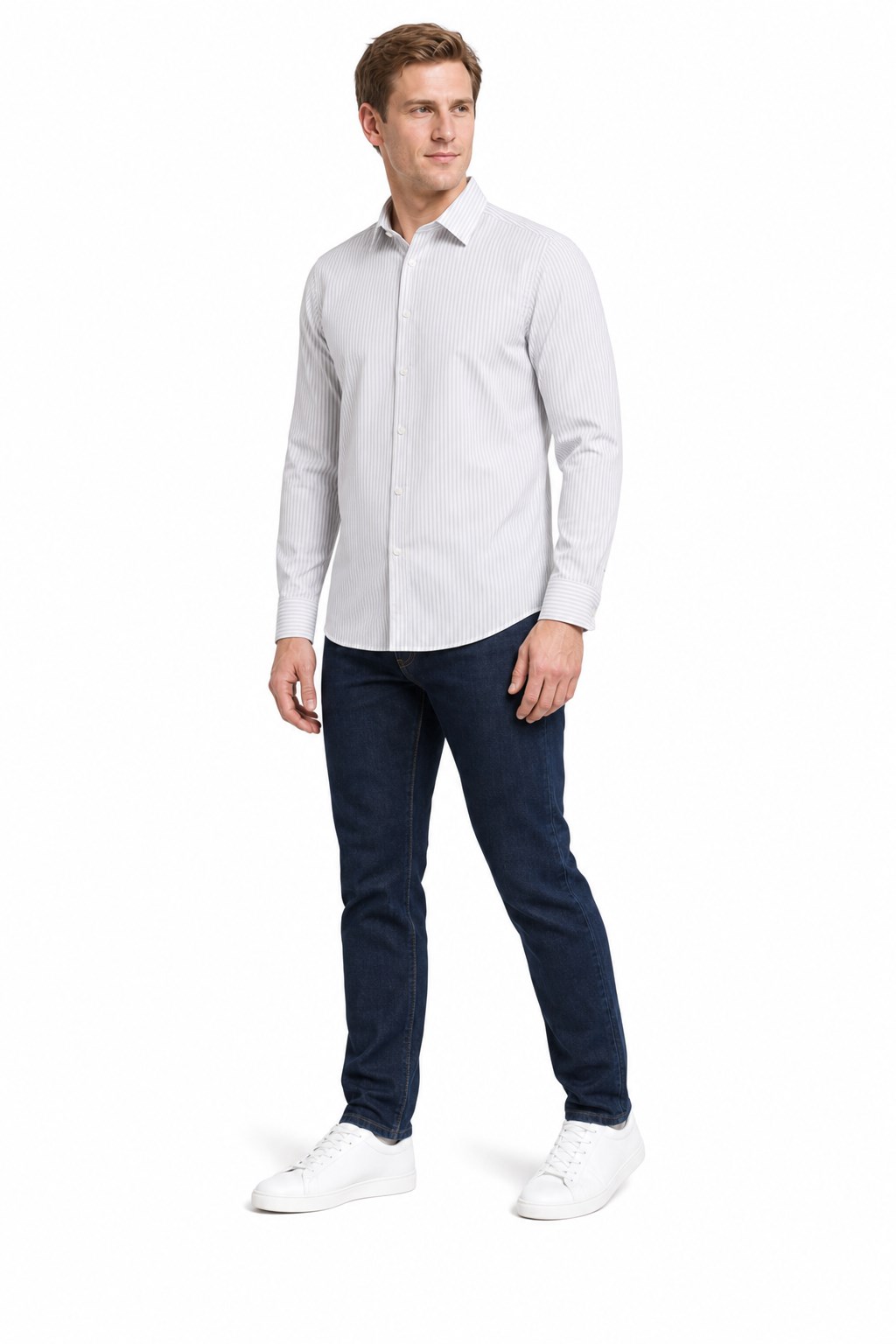 Beyaz Uzun Kol Desen Yarım İtalyan Yaka Cepsiz esnek Classic Slim Fit Gömlek 1004245220